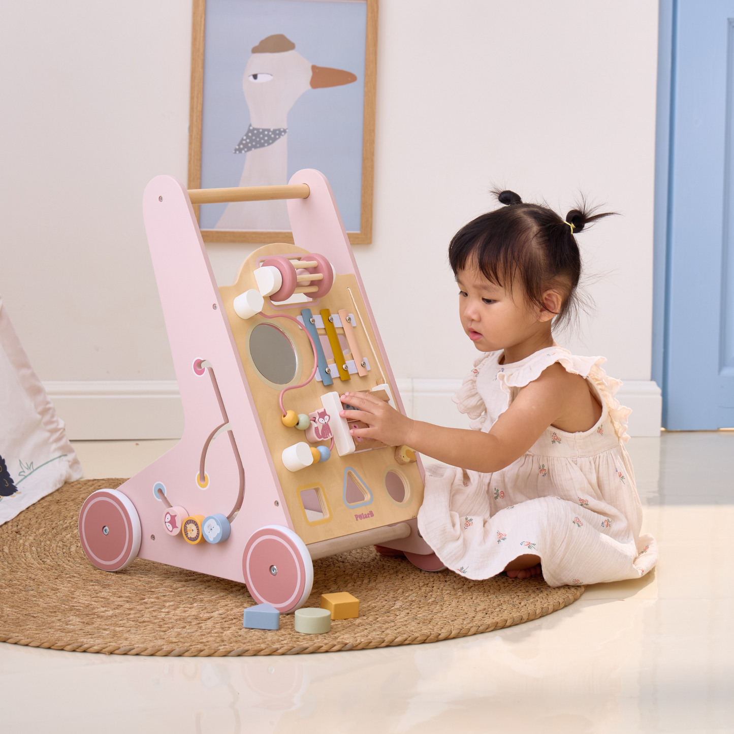 PolarB Wooden Baby Push Walker with Activity Center, Multifunctional Walking Aid with Shape Sorter, Xylophone, Mirror and Storage, Encourages Motor Skills and Early Development, Ages 18 Months+