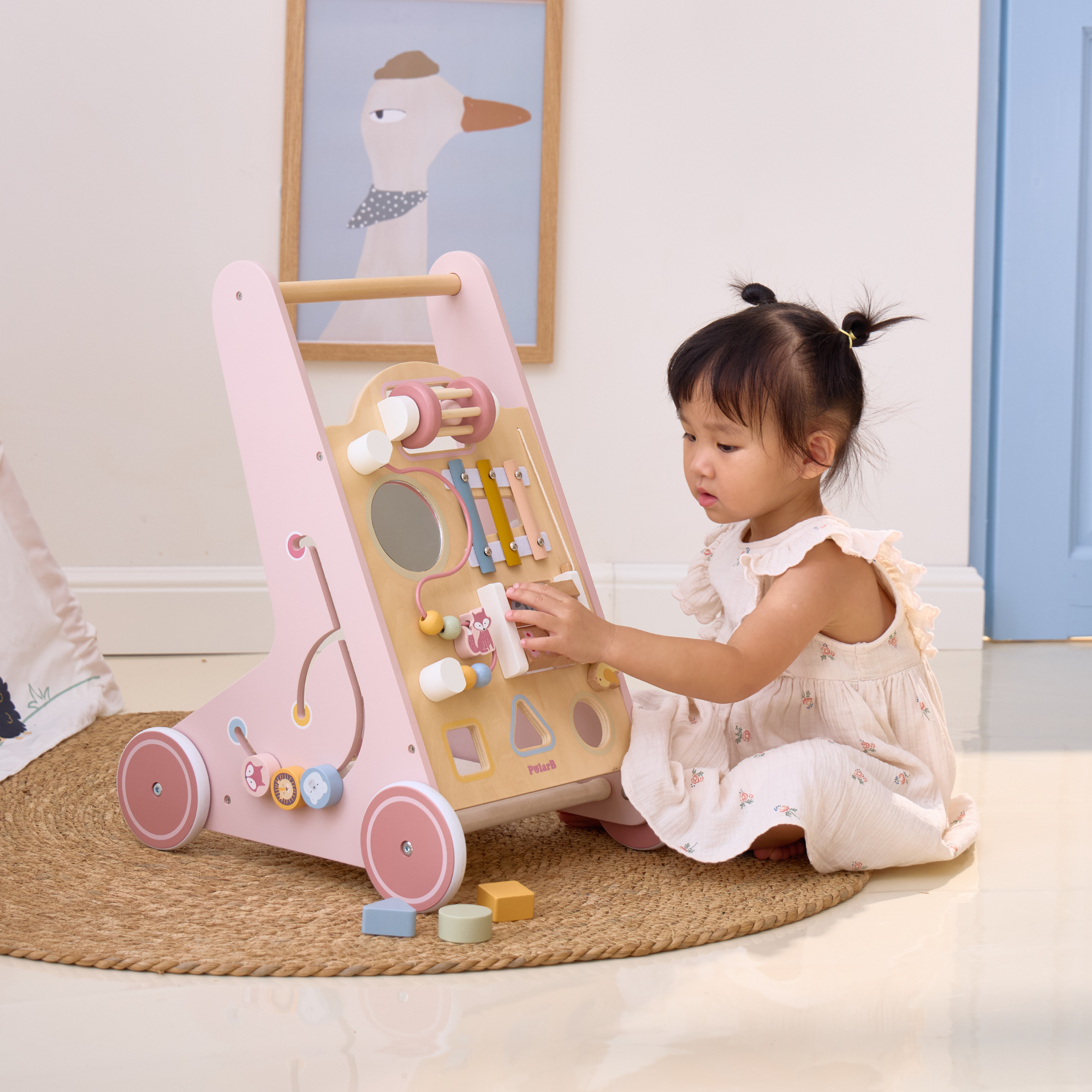 PolarB Wooden Baby Push Walker with Activity Center, Multifunctional Walking Aid with Shape Sorter, Xylophone, Mirror and Storage, Encourages Motor Skills and Early Development, Ages 18 Months+