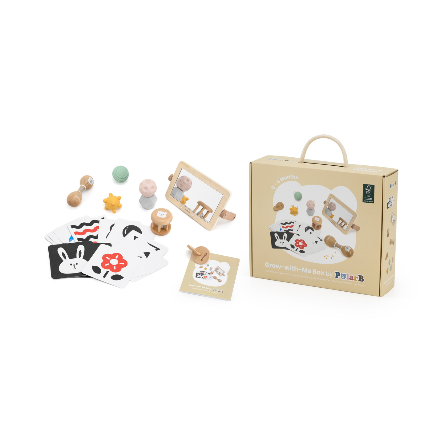PolarB FSC Grow-with-Me Sensory Seekers Box, Montessori-Inspired Sensory Toy Set for Babies 0-6 Months, Includes High Contrast Cards, Mirror, Maracas, Rattle, Discs and Textured Balls