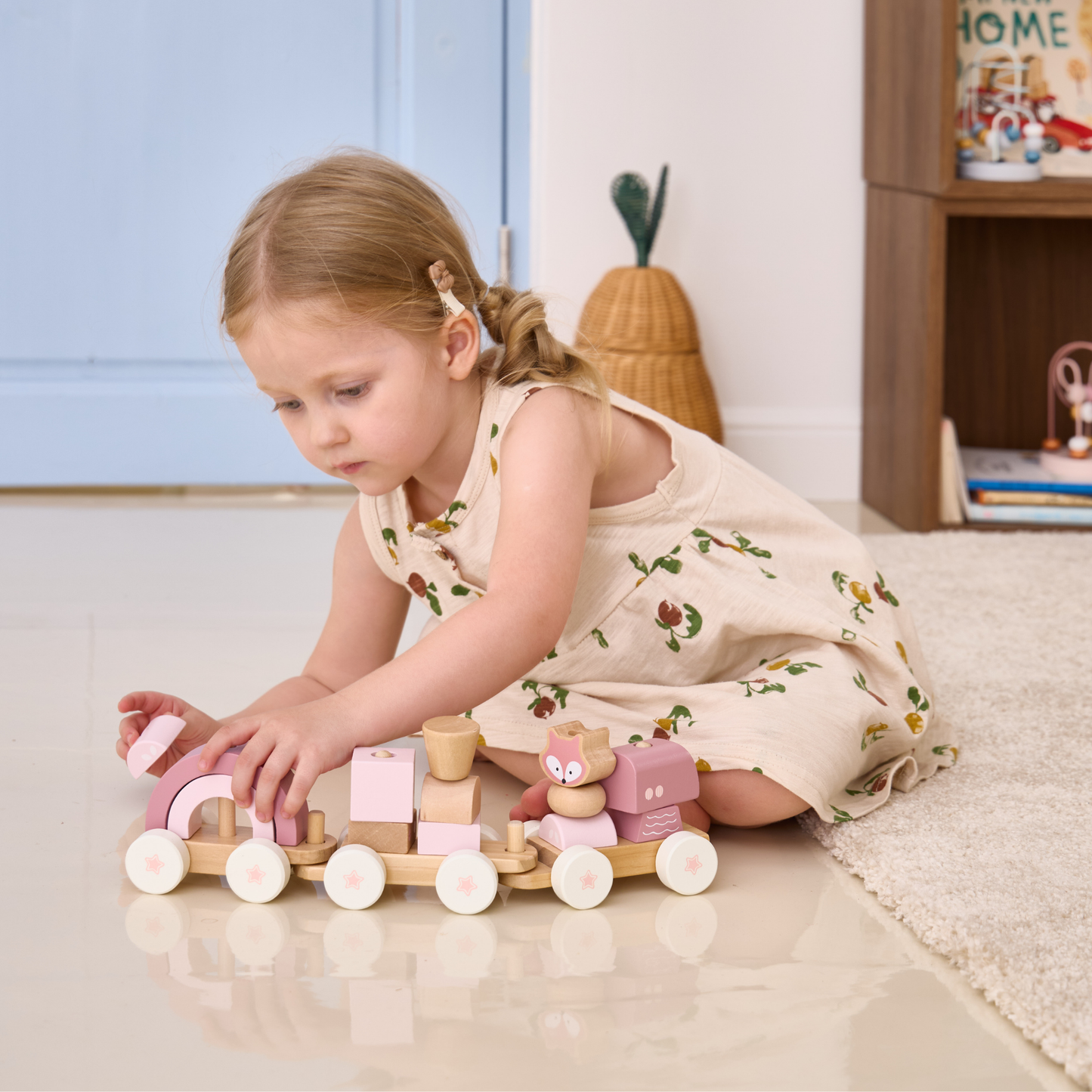 PolarB Stacking Train, 3-Carriage Wooden Toy with 14 Blocks, Fox Theme in Pastel Pink Suitable for Kids 18 Months+