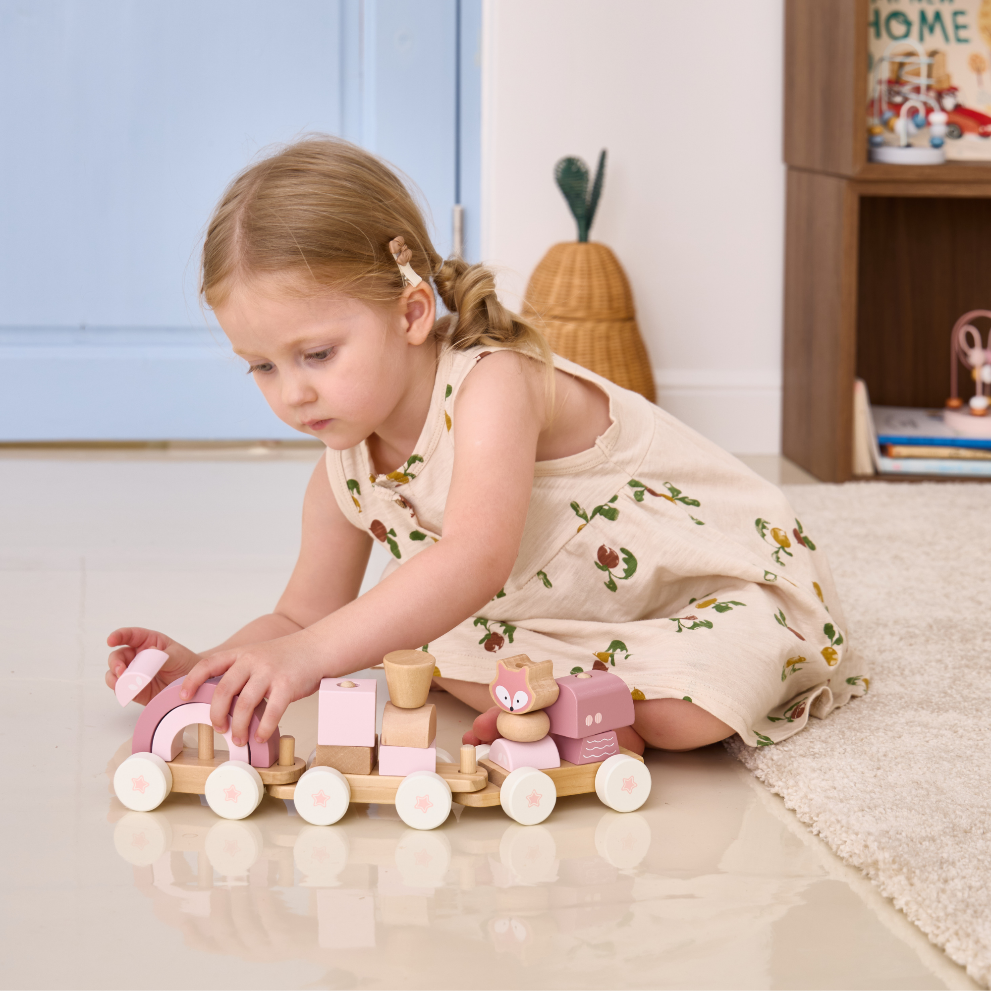 PolarB Stacking Train, 3-Carriage Wooden Toy with 14 Blocks, Fox Theme in Pastel Pink Suitable for Kids 18 Months+
