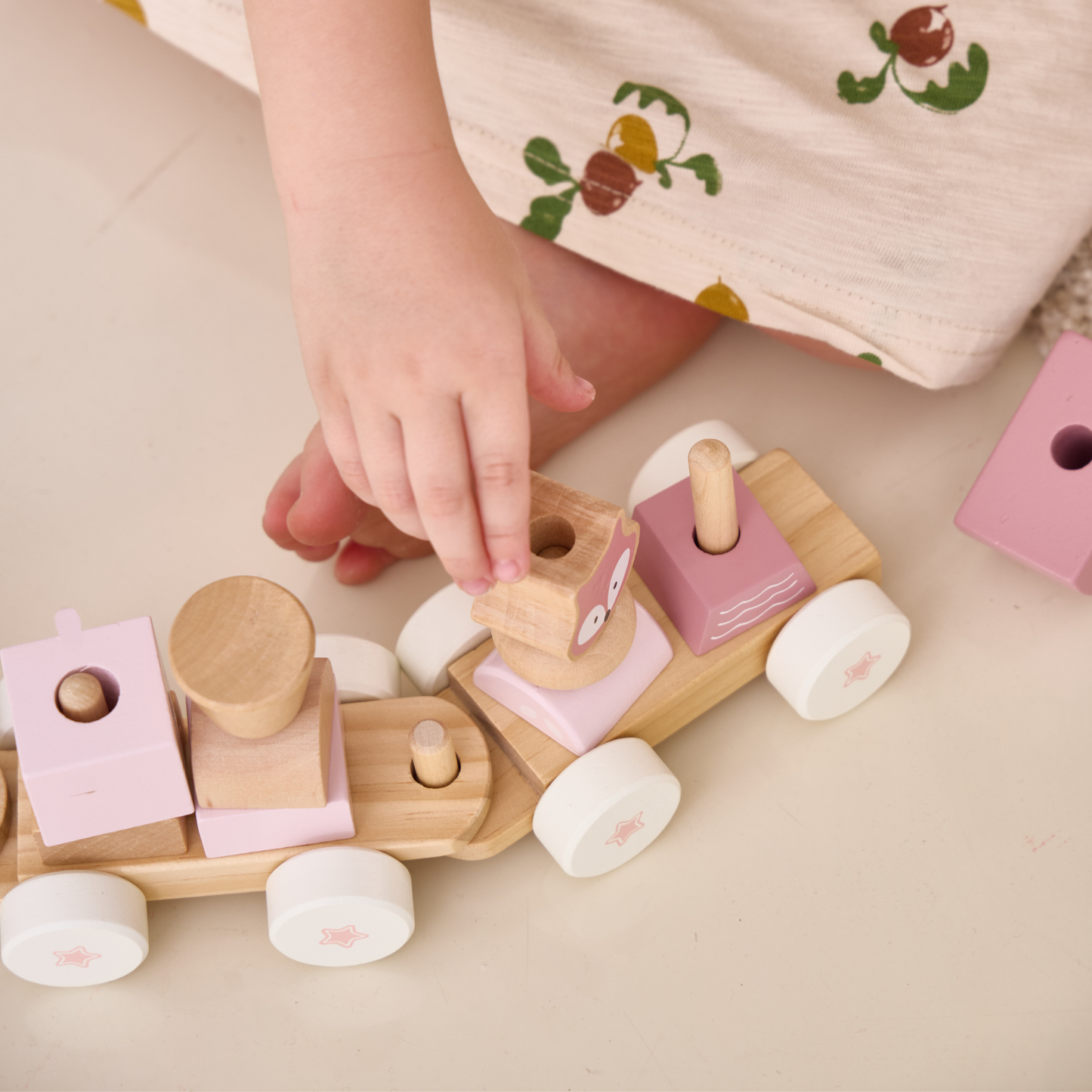 PolarB Stacking Train, 3-Carriage Wooden Toy with 14 Blocks, Fox Theme in Pastel Pink Suitable for Kids 18 Months+