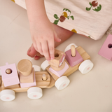 PolarB Stacking Train, 3-Carriage Wooden Toy with 14 Blocks, Fox Theme in Pastel Pink Suitable for Kids 18 Months+