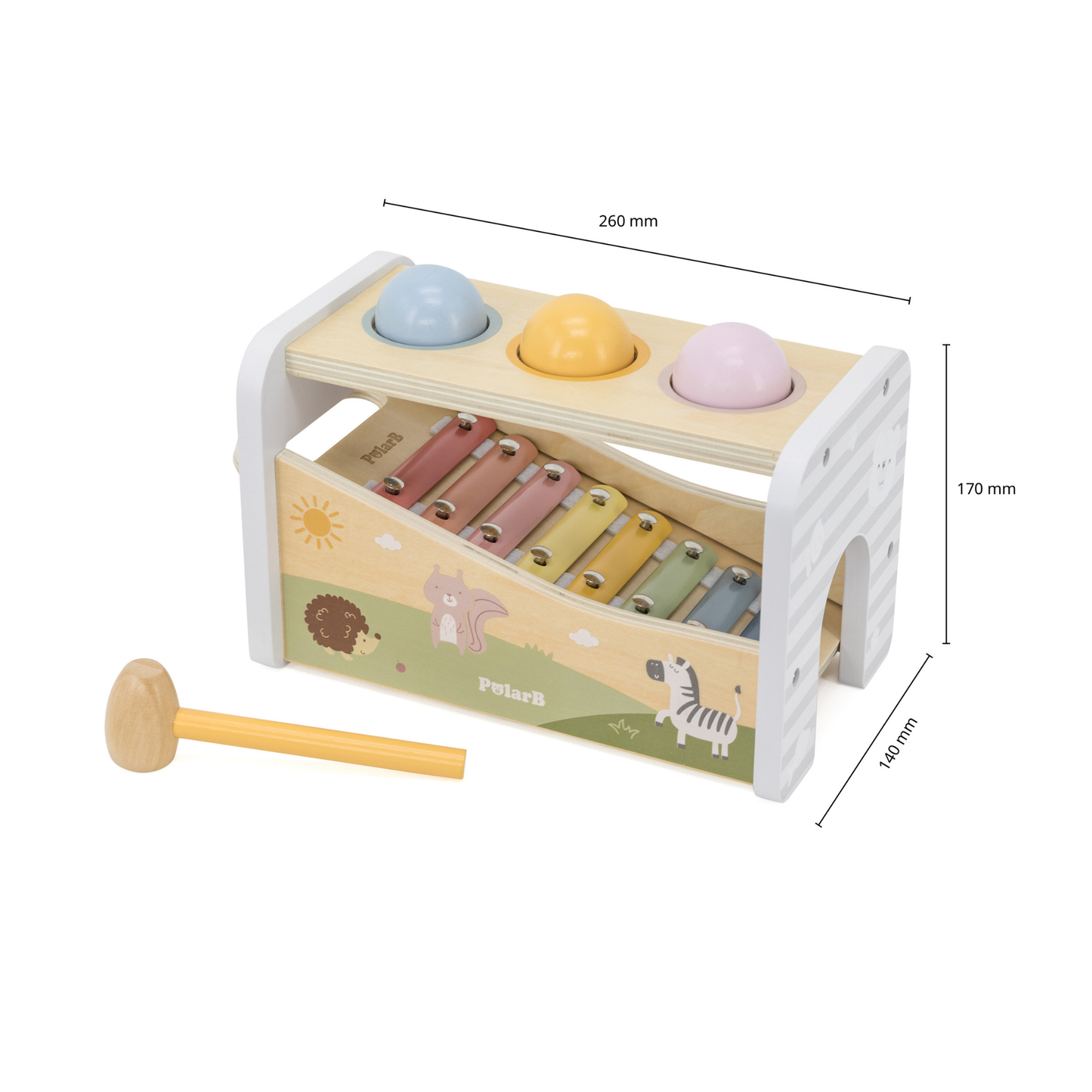 PolarB 2-in-1 Wooden Pounding Bench and Xylophone Musical Toy for Toddlers - Montessori-Inspired Sensory Toy for Ages 18 Months and Up