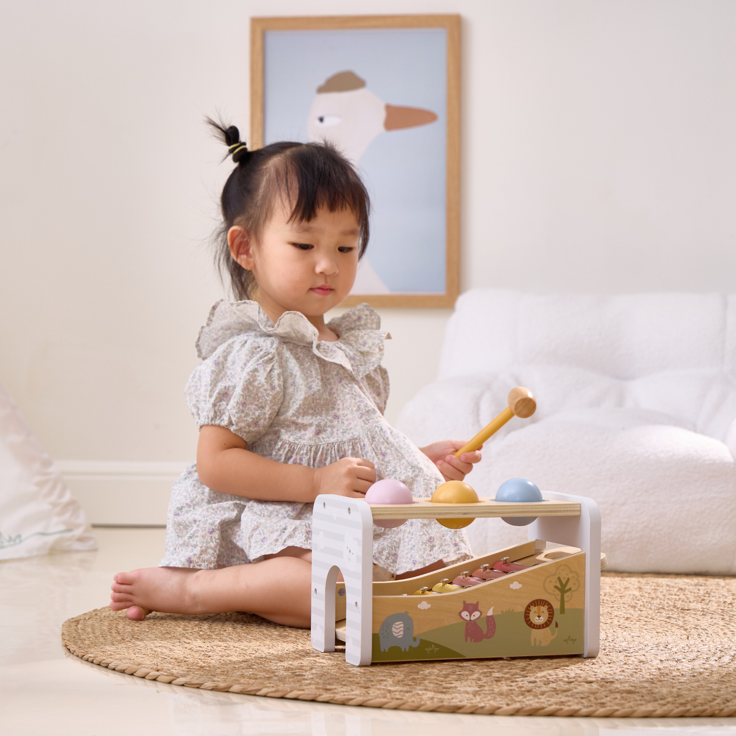 PolarB 2-in-1 Wooden Pounding Bench and Xylophone Musical Toy for Toddlers - Montessori-Inspired Sensory Toy for Ages 18 Months and Up
