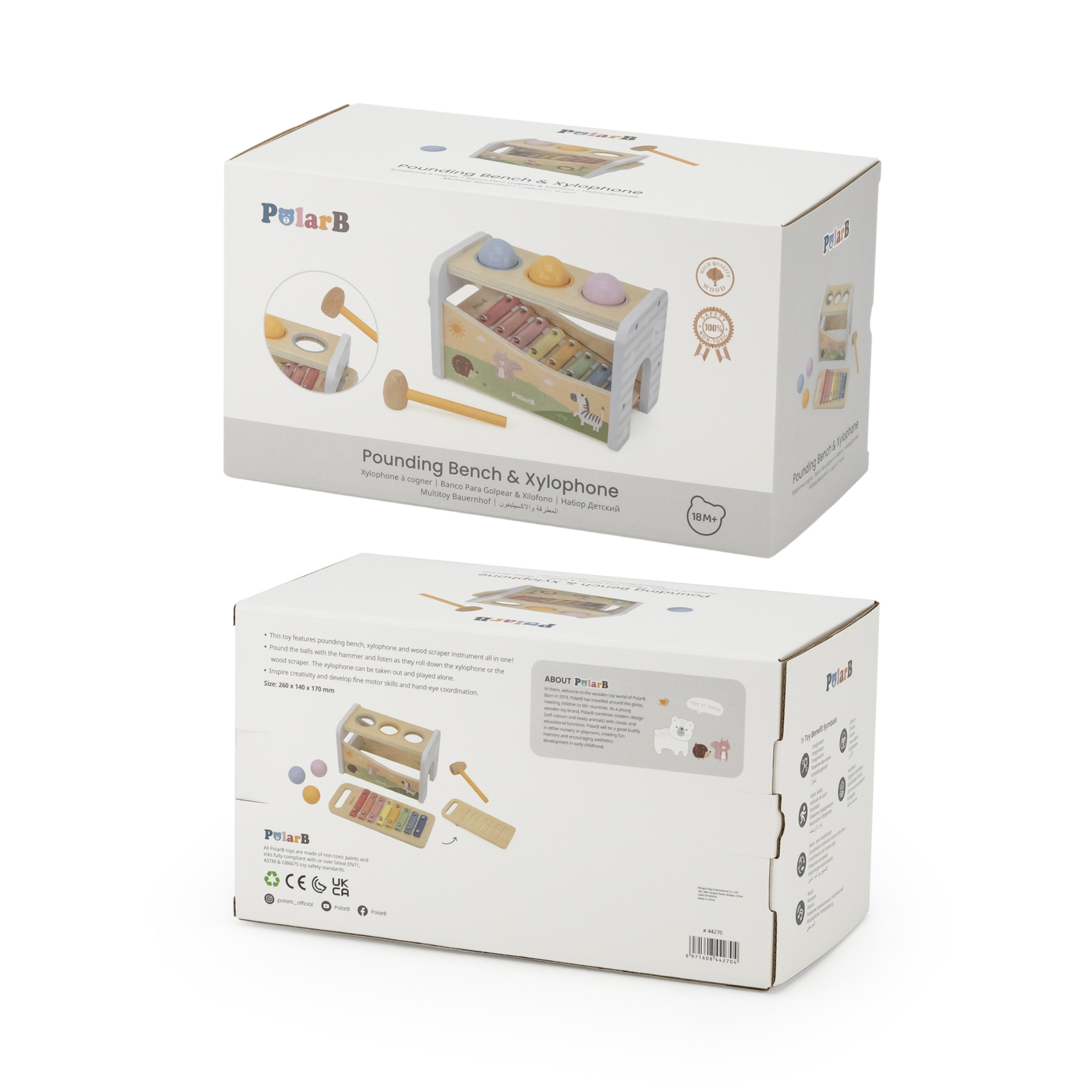 PolarB 2-in-1 Wooden Pounding Bench and Xylophone Musical Toy for Toddlers - Montessori-Inspired Sensory Toy for Ages 18 Months and Up