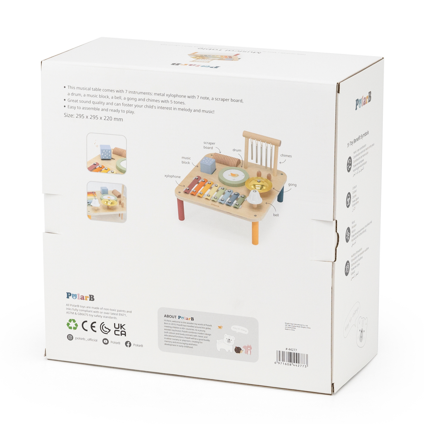 PolarB Wooden Musical Activity Table for Toddlers, Multi-Instrument Music Toy Includes Xylophone, Drum, Gong, Bell and More, for Ages 18 Months and Up
