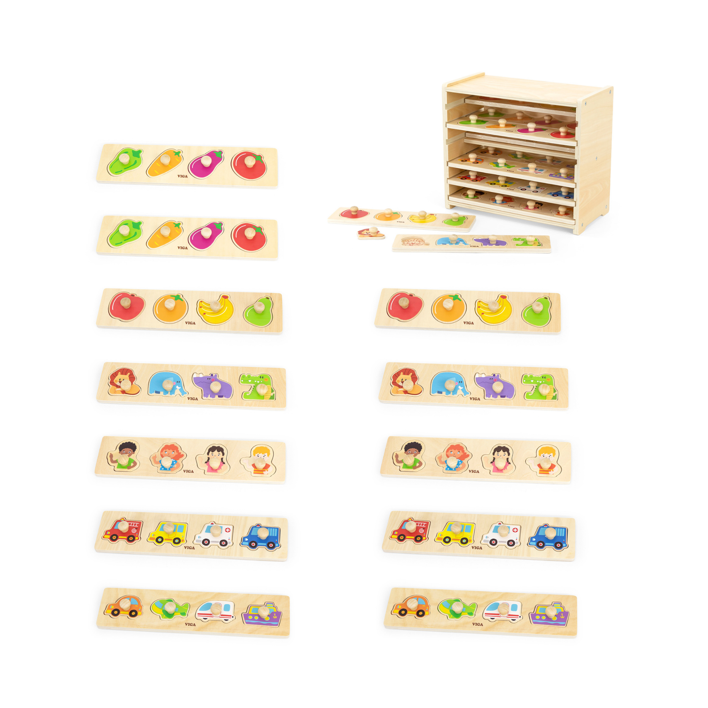 Viga Set of 12, 4 Piece Knob Puzzle, Montessori Wooden Toy, Develops Sensory, Cognitive & Fine Motor Skills, Non-Toxic & Eco-friendly Kids Educational Toy, Suitable for Boys and Girls Aged 12M+