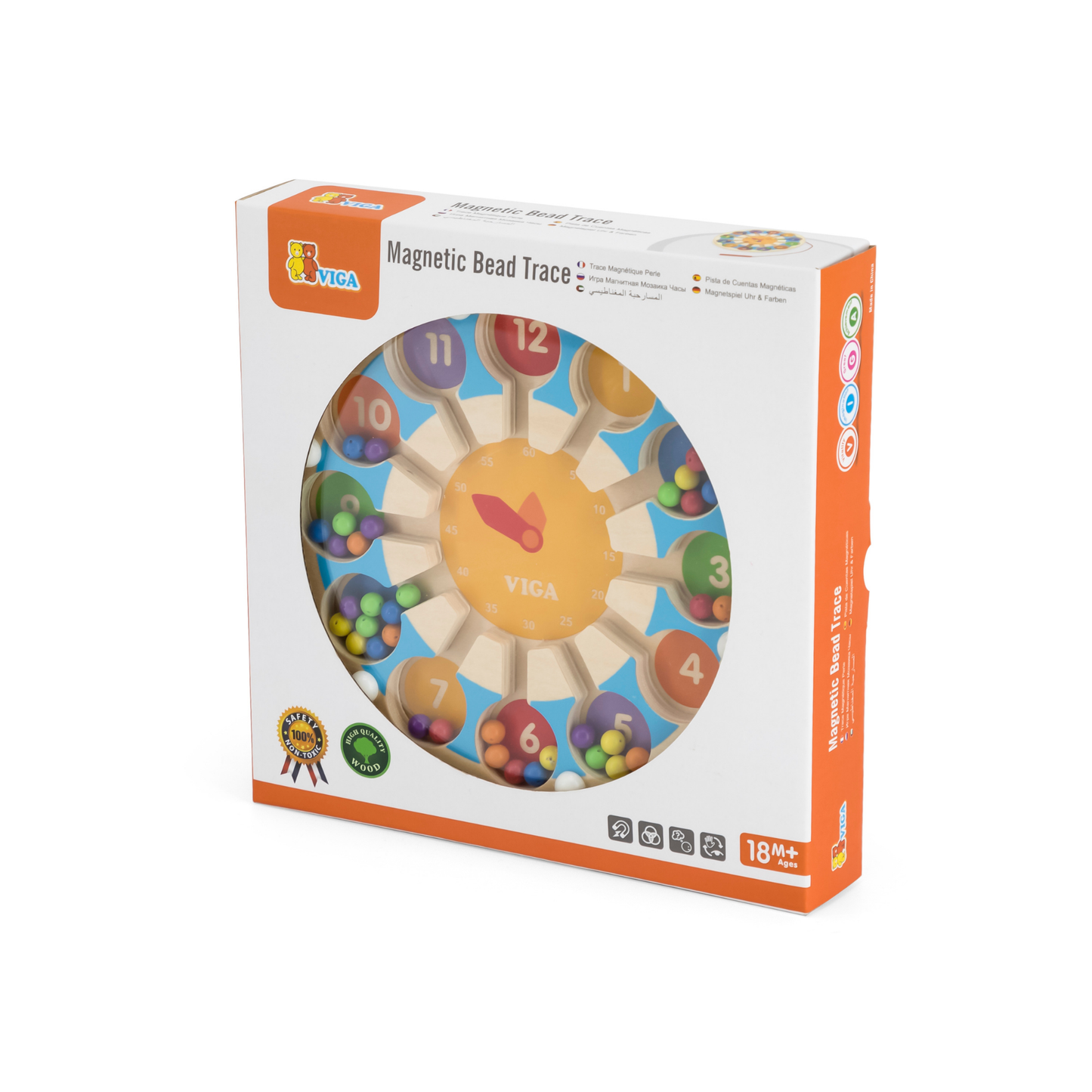 VIGA Wooden Magnetic Bead Trace Clock, Montessori Toddler Learning Toy, Develops Fine Motor Skills, Number Recognition & Early Math, Eco-Friendly & Non-Toxic, for Boys & Girls Ages 18M+
