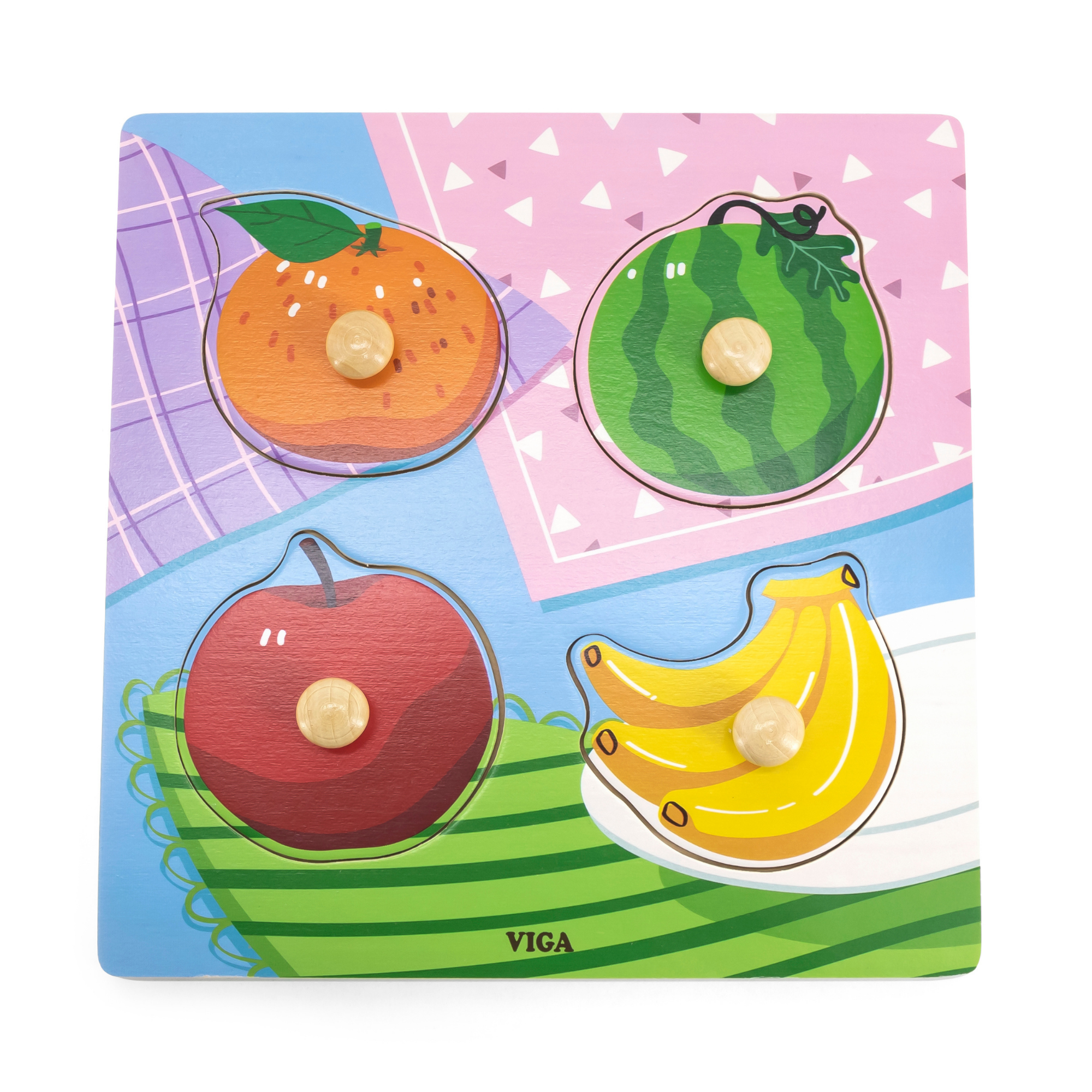 Viga Fruits, 4 Piece Knob Puzzle, Montessori Wooden Toy, Develops Sensory, Cognitive & Fine Motor Skills, Non-Toxic & Eco-friendly Kids Educational Toy, Suitable for Boys & Girls Aged 12M+