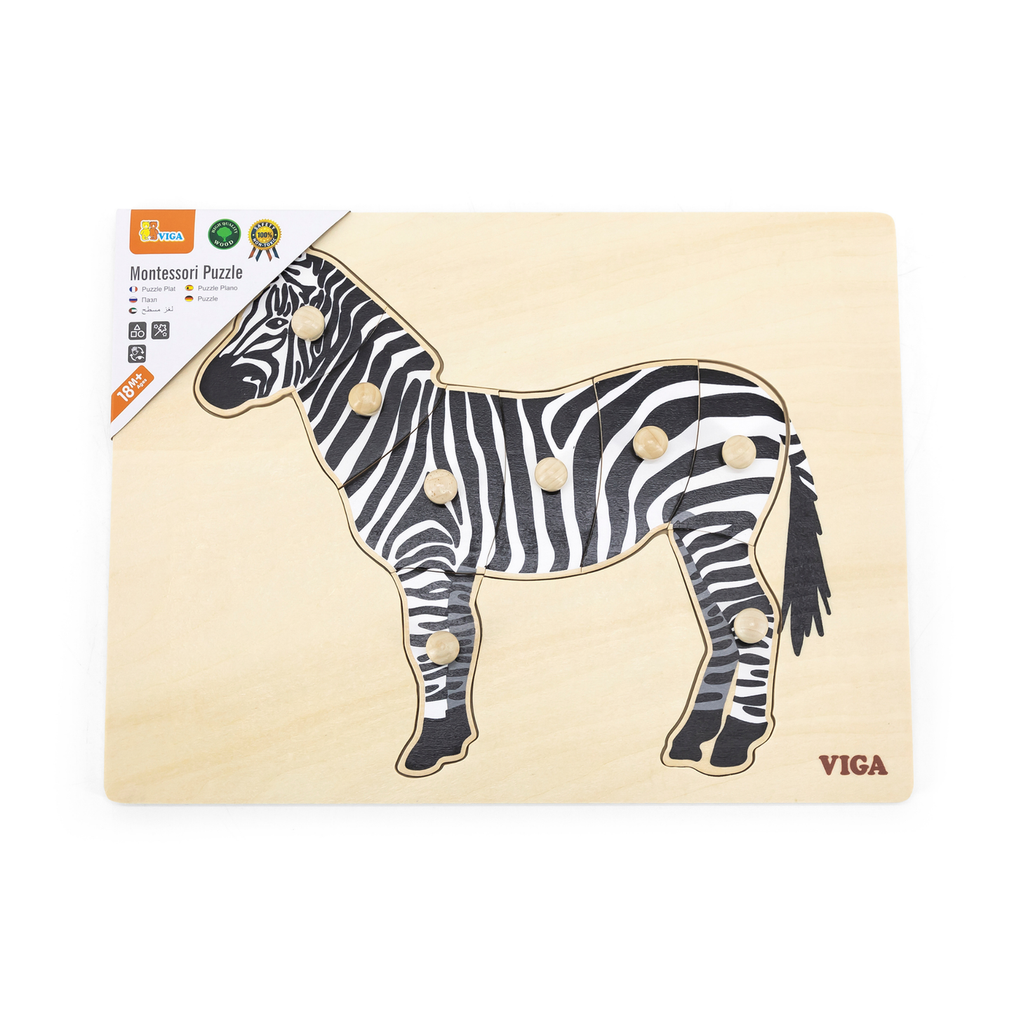 Viga Zebra, 8 Piece Knob Puzzle, Montessori Wooden Toy, Develops Sensory, Cognitive & Fine Motor Skills, Non-Toxic & Eco-friendly Kids Educational Toy, Suitable for Boys and Girls Aged 18M+