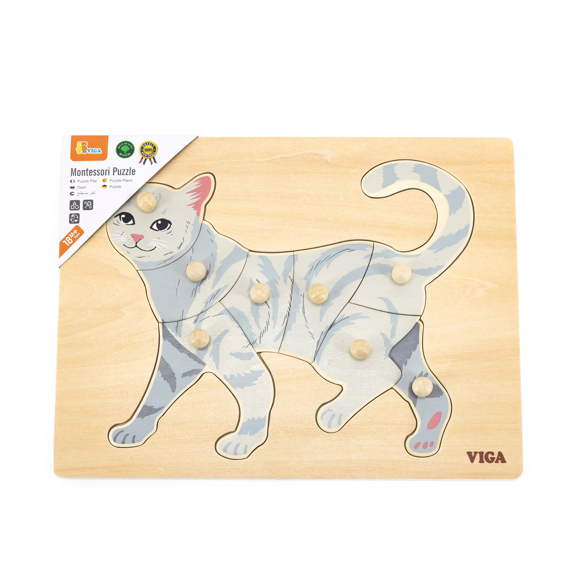 Viga Cat, 8 Piece Knob Puzzle, Montessori Wooden Toy, Develops Sensory, Cognitive & Fine Motor Skills, Non-Toxic & Eco-friendly Kids Educational Toy, Suitable for Boys and Girls Aged 18M+