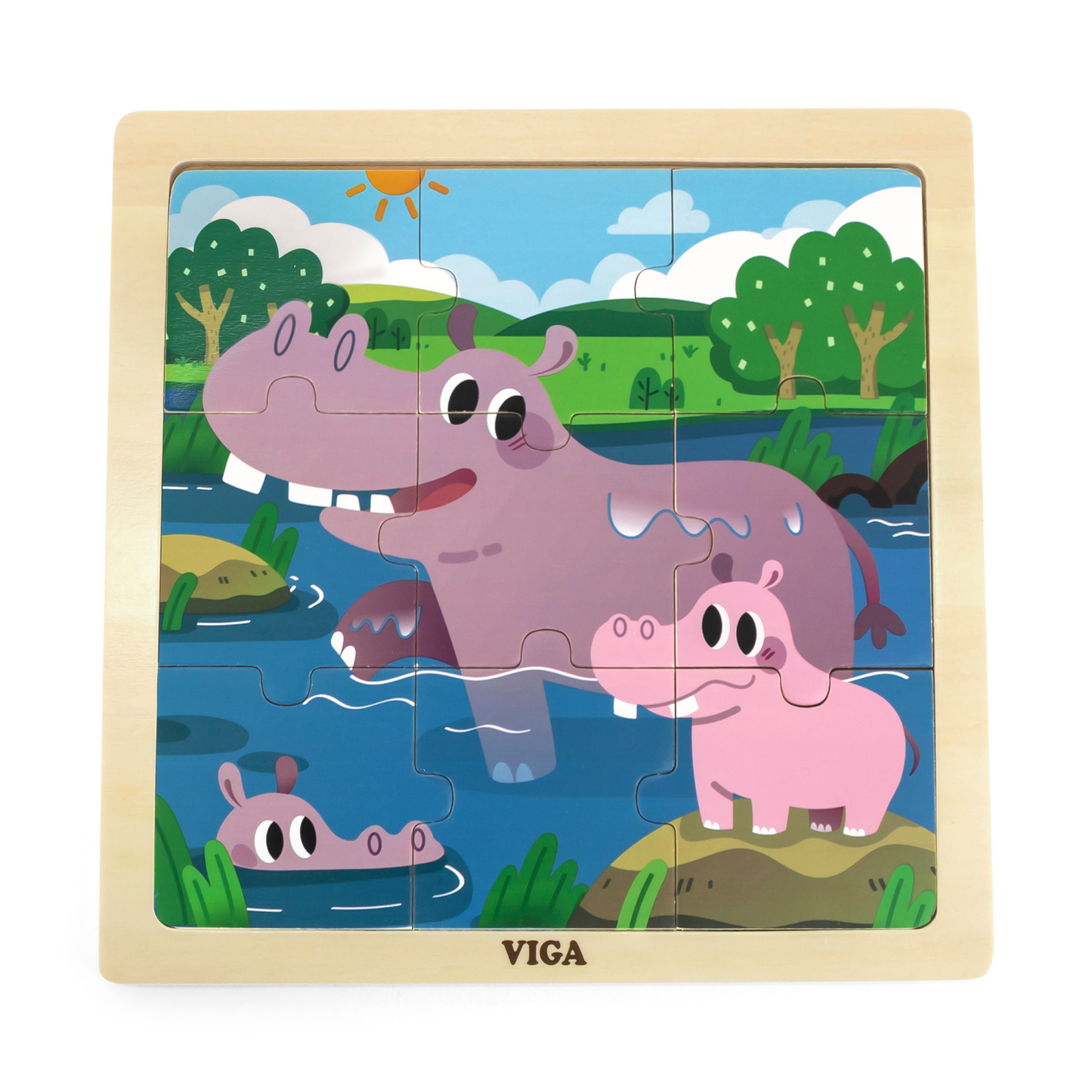 Viga Hippo, 9 Piece Jigsaw Puzzle, Montessori Wooden Toy, Develops Sensory, Cognitive & Fine Motor Skills, Non-Toxic & Eco-friendly Kids Educational Toy, Suitable for Boys and Girls Aged 18M+