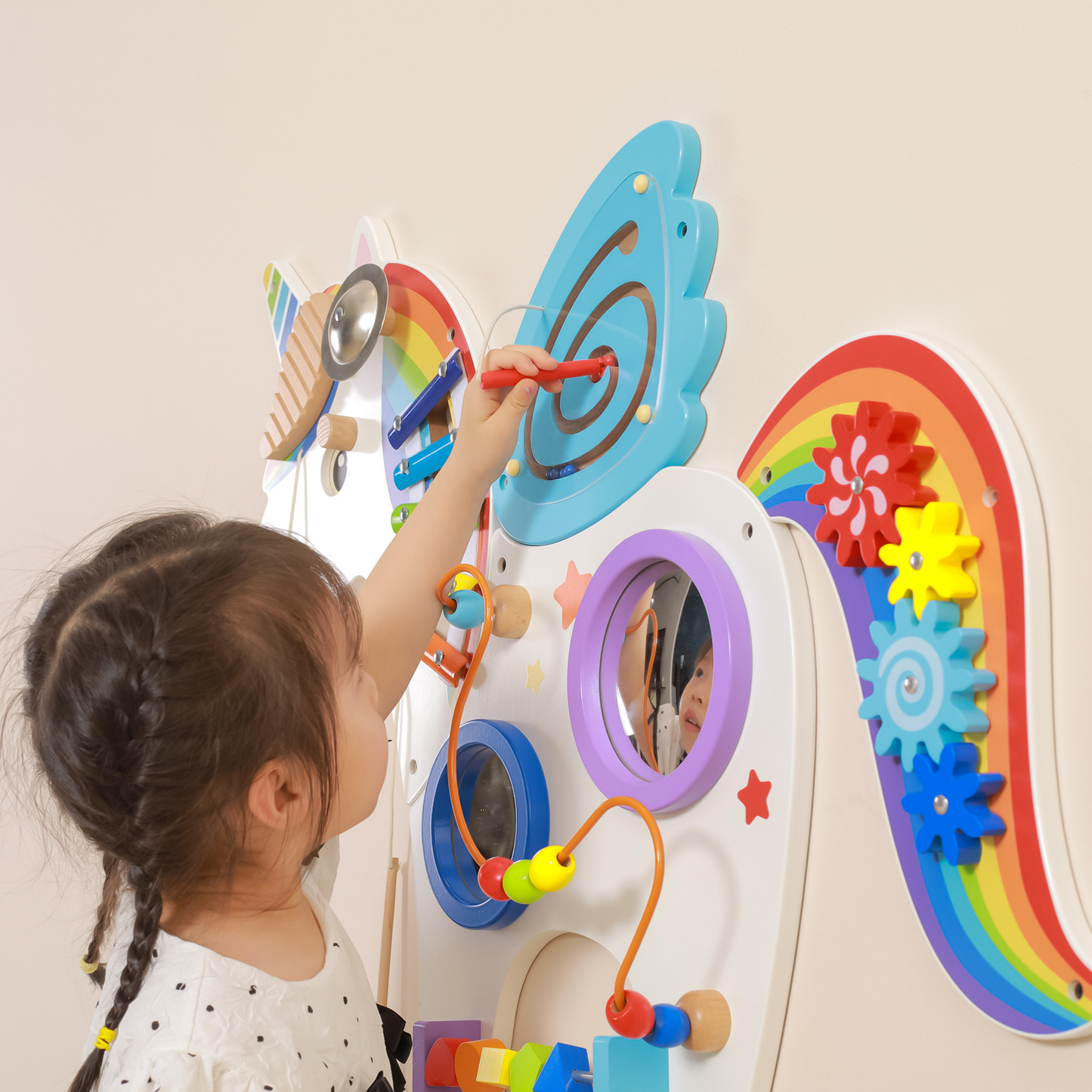 Viga Unicorn Sensory Wall Toy, Montessori Multi-Activity Wooden Panel with Gears, Bead Maze & Xylophone, Develops Motor Skills & Emotional Learning, Eco-Friendly & Non-Toxic, for Ages 18M+