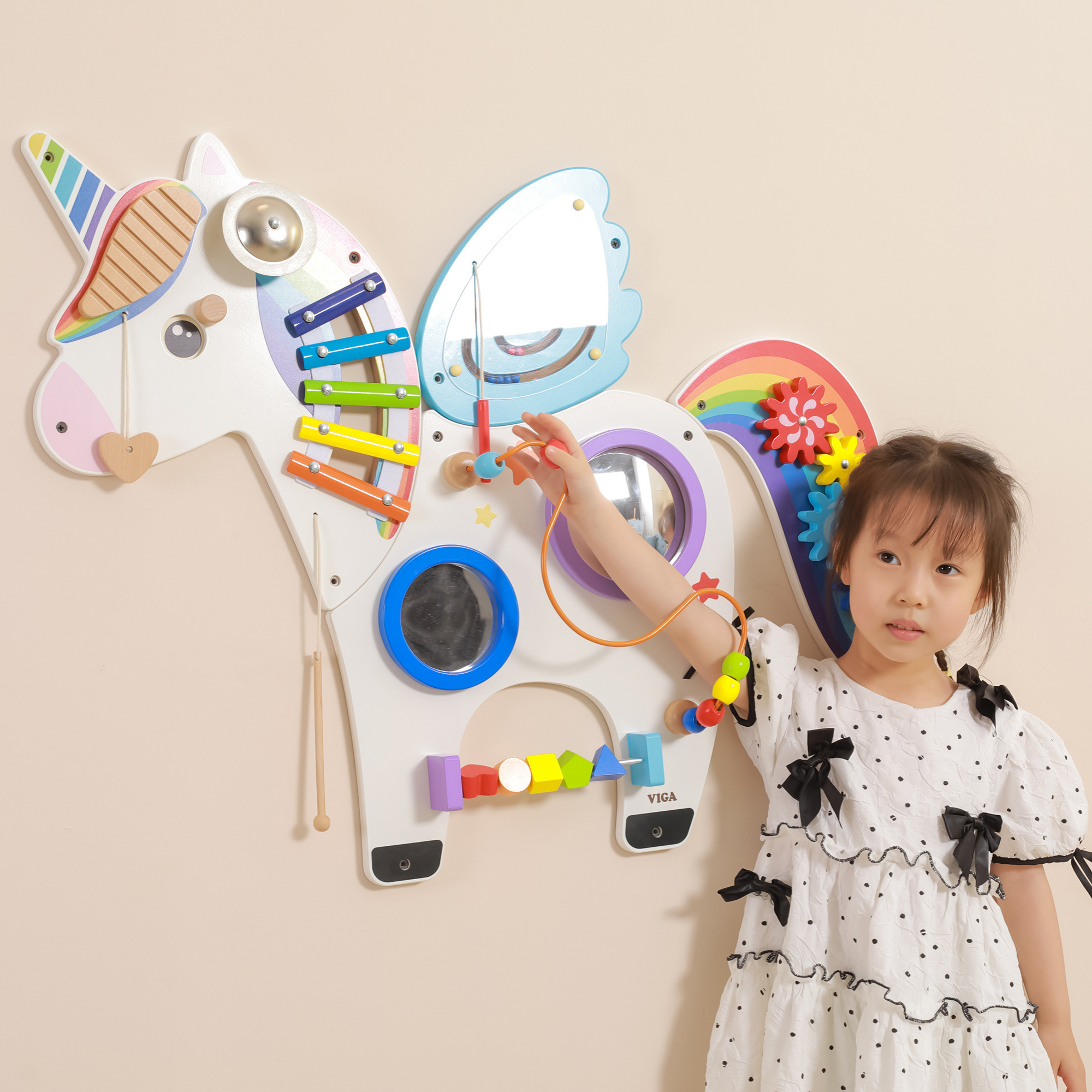 Viga Unicorn Sensory Wall Toy, Montessori Multi-Activity Wooden Panel with Gears, Bead Maze & Xylophone, Develops Motor Skills & Emotional Learning, Eco-Friendly & Non-Toxic, for Ages 18M+