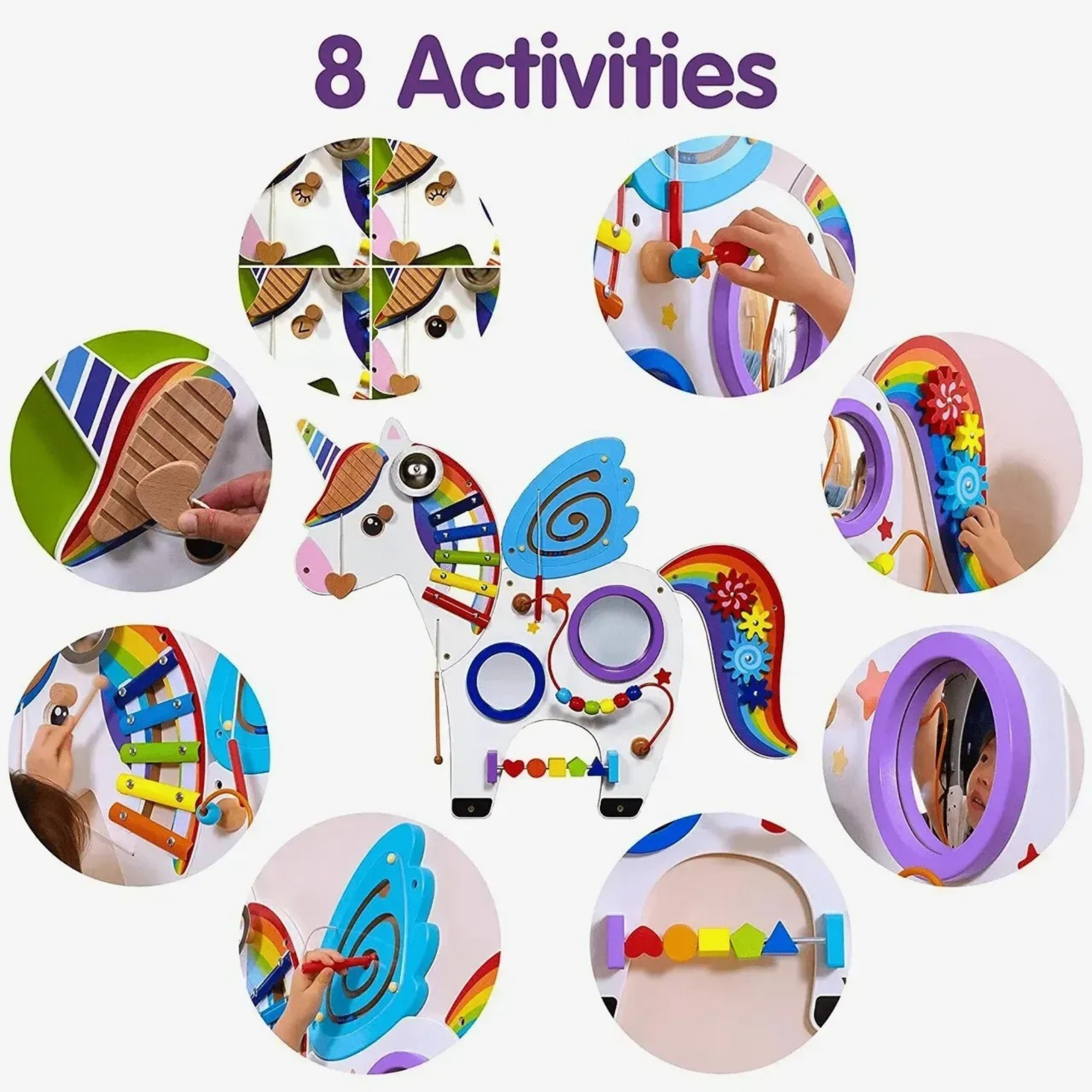 Viga Unicorn Sensory Wall Toy, Montessori Multi-Activity Wooden Panel with Gears, Bead Maze & Xylophone, Develops Motor Skills & Emotional Learning, Eco-Friendly & Non-Toxic, for Ages 18M+