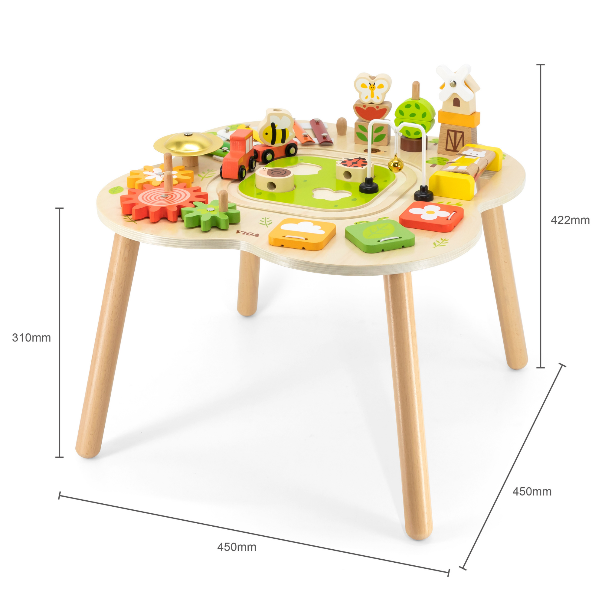 VIGA Farm-Themed Wooden Activity Table, Montessori Educational Toy with Train Track, Gears, Shape Sorter & Xylophone, Develops Fine Motor Skills, Logic & Creativity, for Boys & Girls Ages 18M+