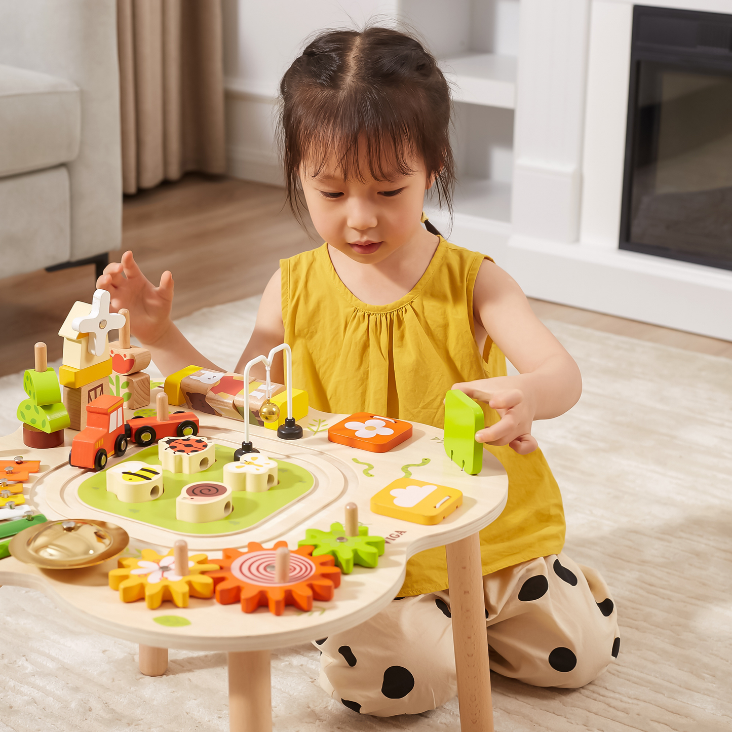 VIGA Farm-Themed Wooden Activity Table, Montessori Educational Toy with Train Track, Gears, Shape Sorter & Xylophone, Develops Fine Motor Skills, Logic & Creativity, for Boys & Girls Ages 18M+