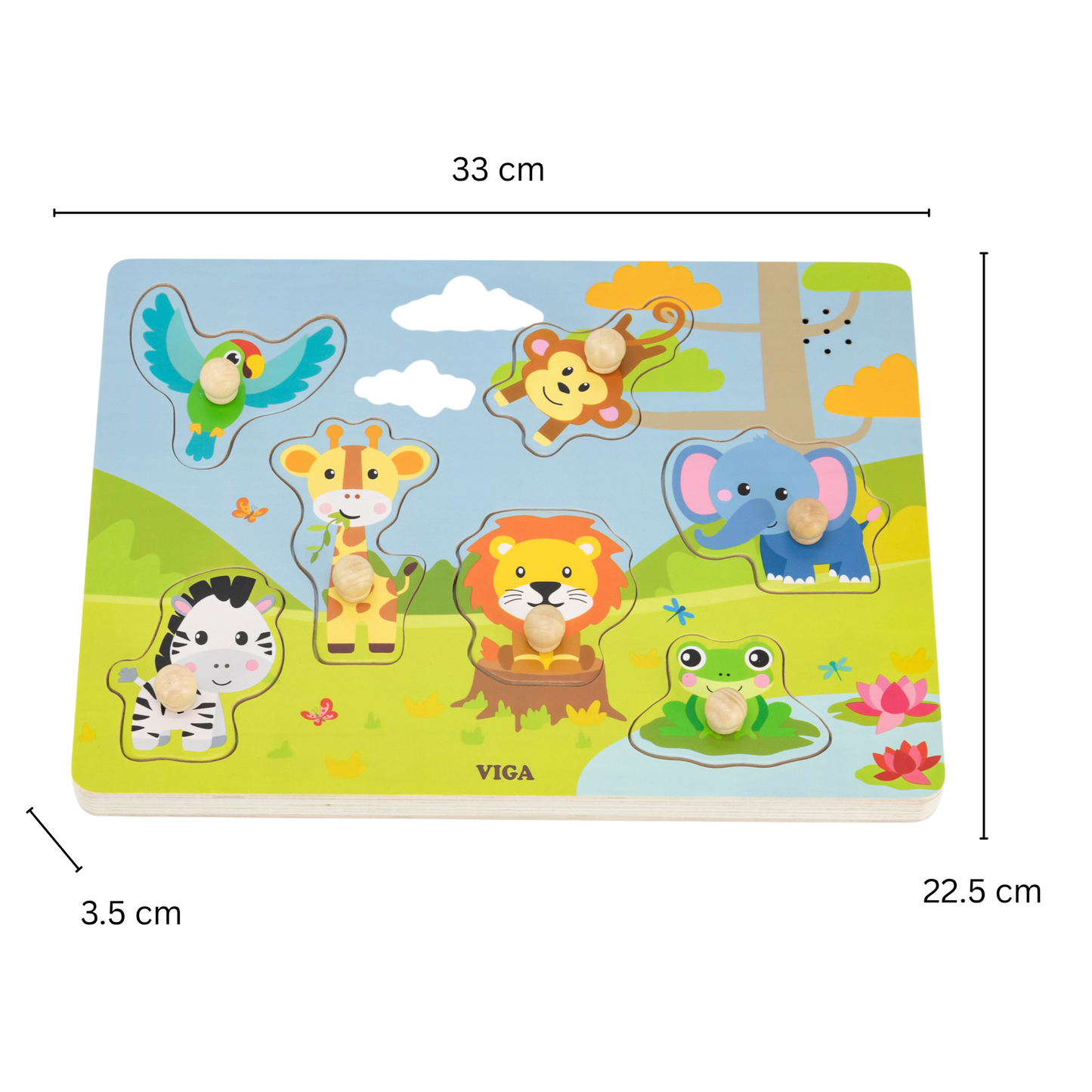 Viga Jungle Animals, 7 Piece Knob Puzzle with Sound, Montessori Wooden Toy, Develops Sensory, Cognitive & Fine Motor Skills, Non-Toxic & Eco-friendly Kids Educational Toy, Suitable for Children 18M+