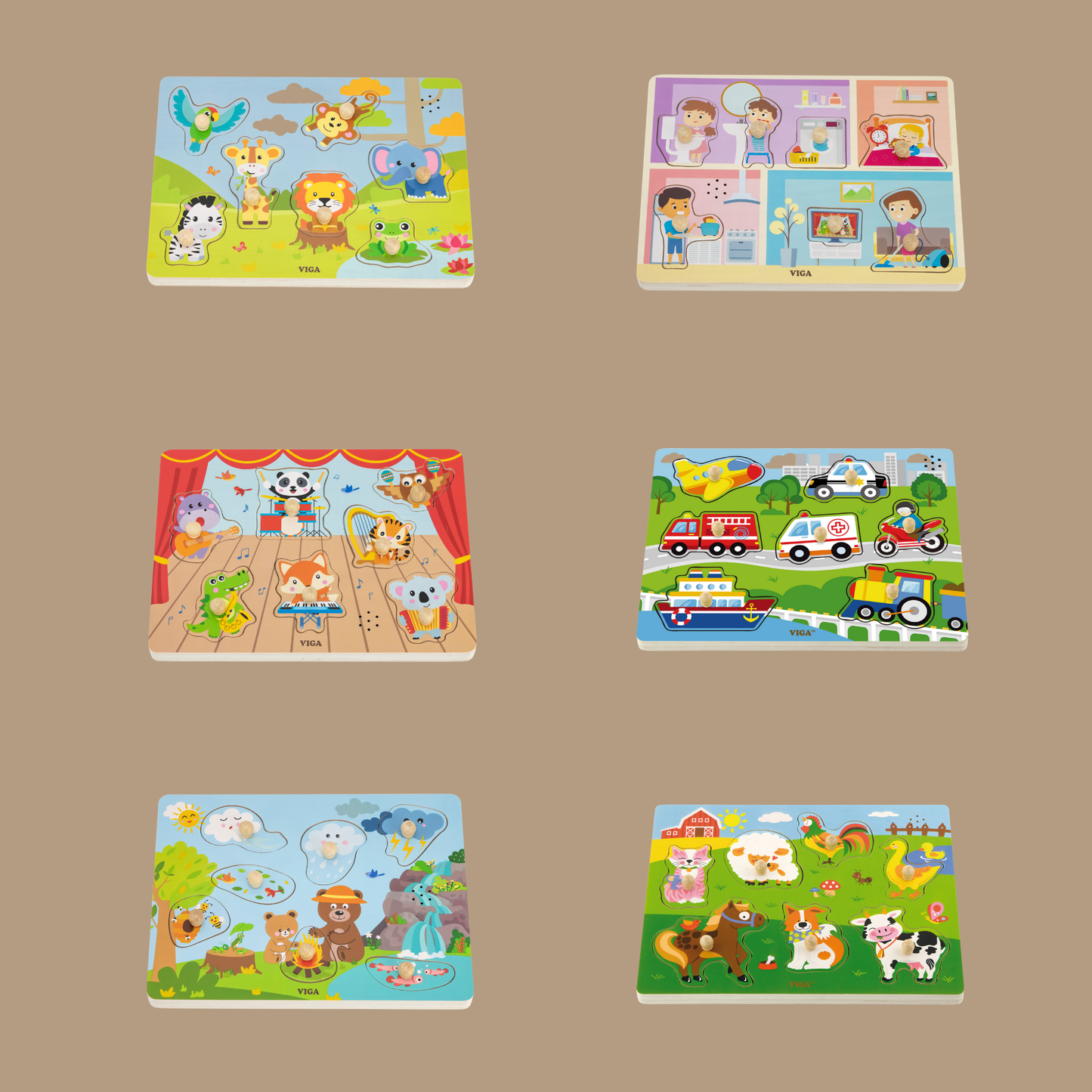 Viga Wild Animals Music Concert, 7 Piece Knob Puzzle with Sound, Montessori Wooden Toy, Develops Sensory, Cognitive & Fine Motor Skills, Non-Toxic & Eco-friendly Kids Educational Toy, 18M+