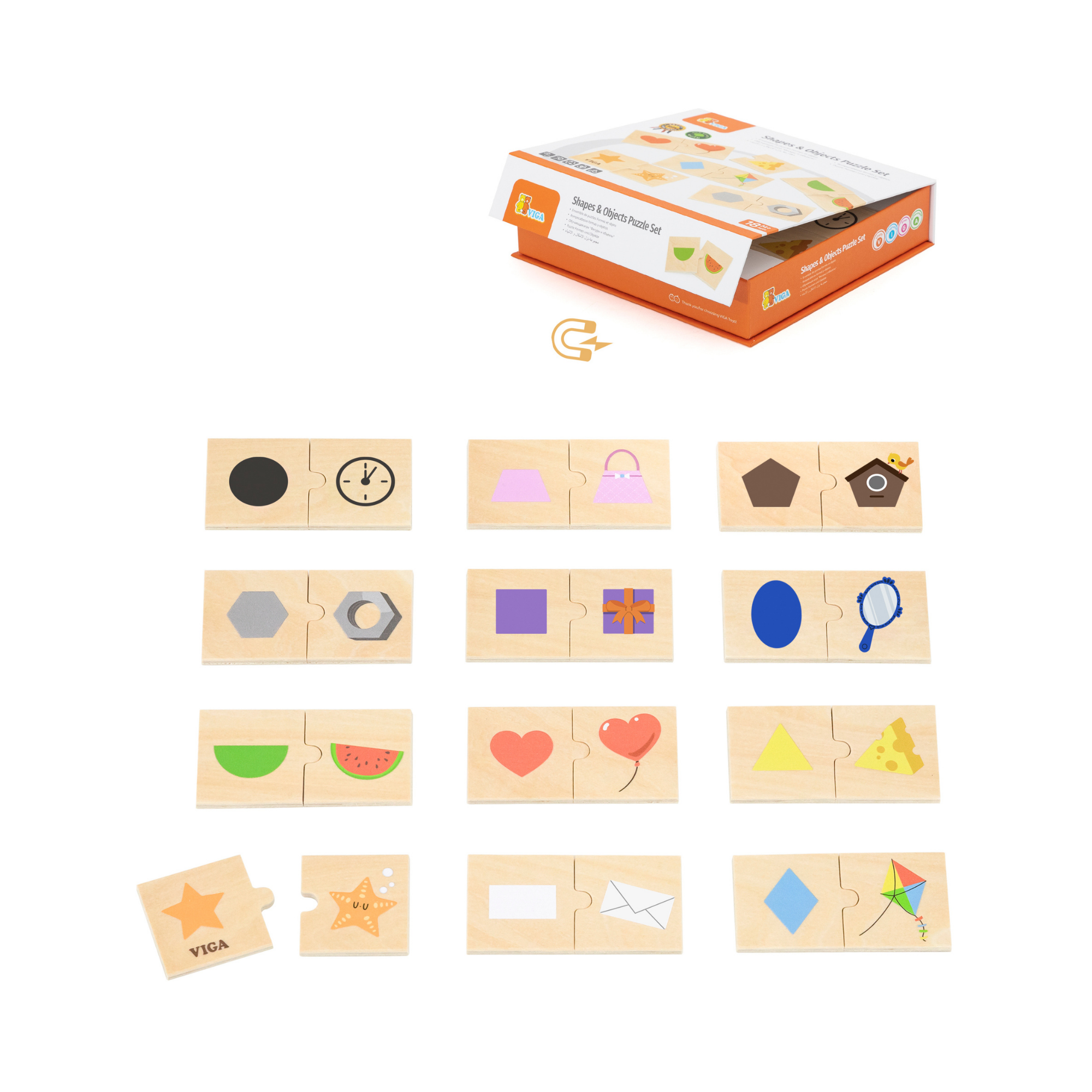 Viga Connecting Game, Shapes to Objects, 24 Piece Mix & Match Puzzle, Montessori Wooden Toy, Develops Sensory, Cognitive & Fine Motor Skills, Non-Toxic & Eco-friendly Kids Educational Toy, 18M+
