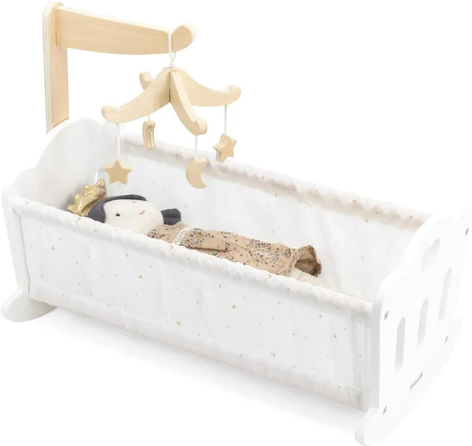 PolarB Wooden Doll Cradle by , Solid Wood Rocking Cot with Pillow, Blanket, and Crib Mobile, Fits Dolls Up to 38 cm, Ages 3+