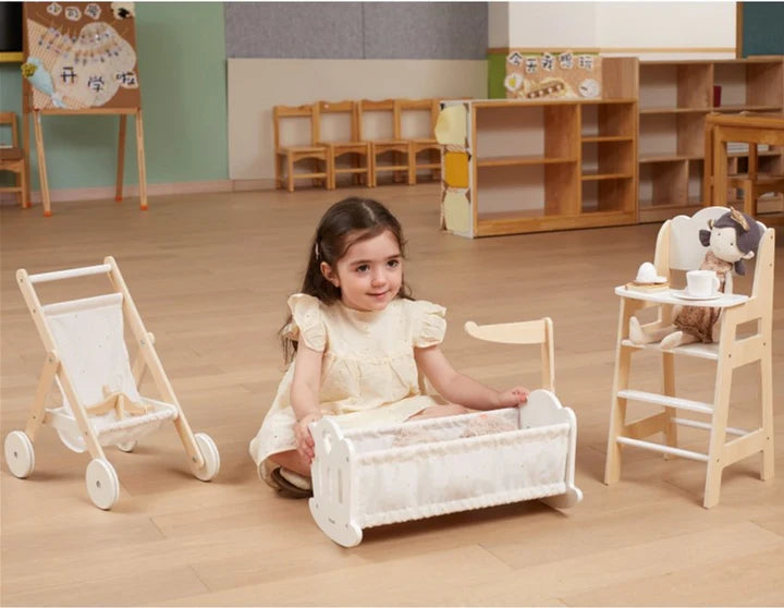 PolarB Wooden Doll Cradle by , Solid Wood Rocking Cot with Pillow, Blanket, and Crib Mobile, Fits Dolls Up to 38 cm, Ages 3+