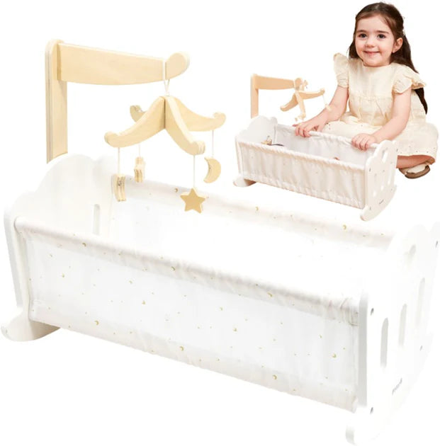 PolarB Wooden Doll Cradle by , Solid Wood Rocking Cot with Pillow, Blanket, and Crib Mobile, Fits Dolls Up to 38 cm, Ages 3+