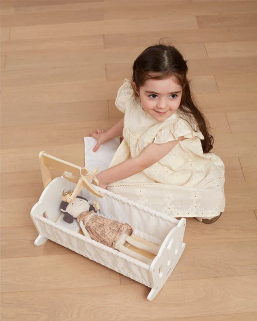 PolarB Wooden Doll Cradle by , Solid Wood Rocking Cot with Pillow, Blanket, and Crib Mobile, Fits Dolls Up to 38 cm, Ages 3+