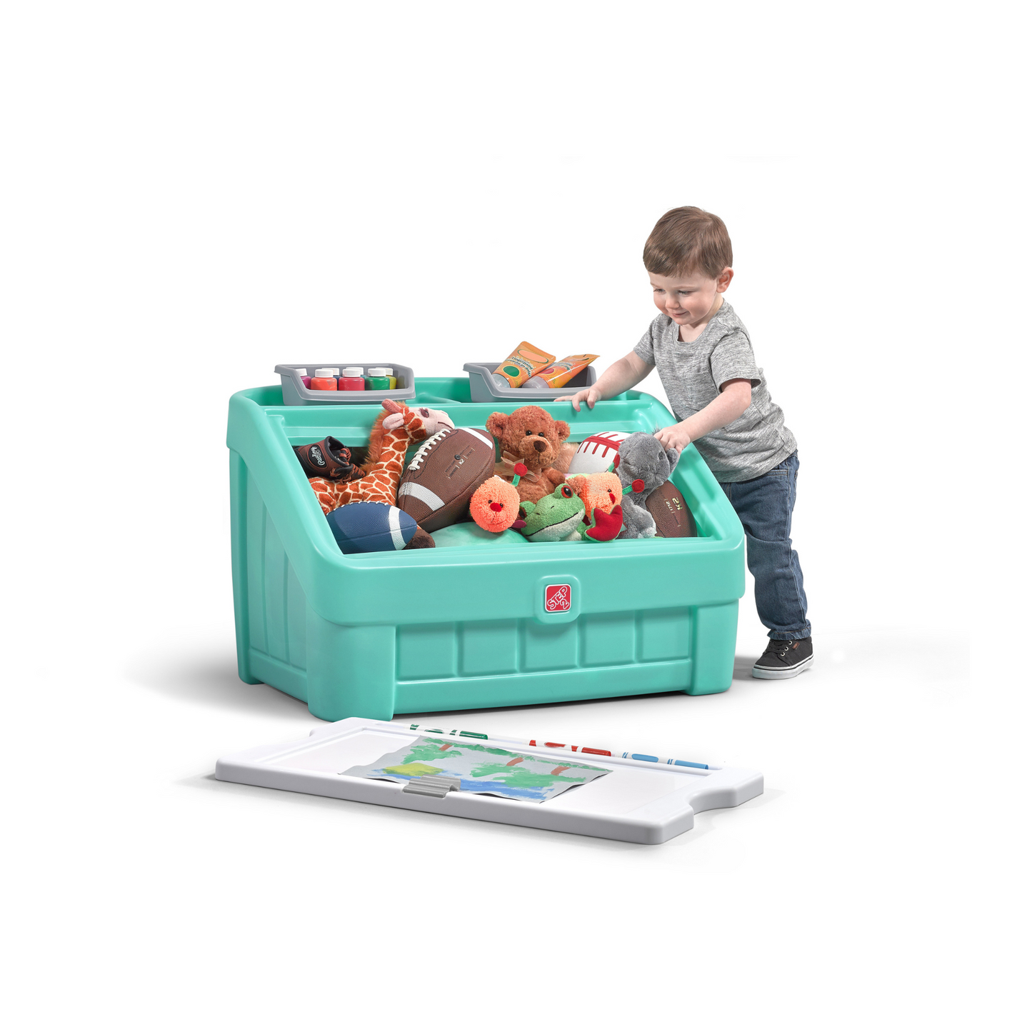 Step2 2 in 1 Toy Box and Art Lid, Multi-Functional Indoor Kids Toy Bin with Clip, 4.5 Cubic Feet Storage Compartment Space, Suitable for Children both Boys and Girls Aged 2+