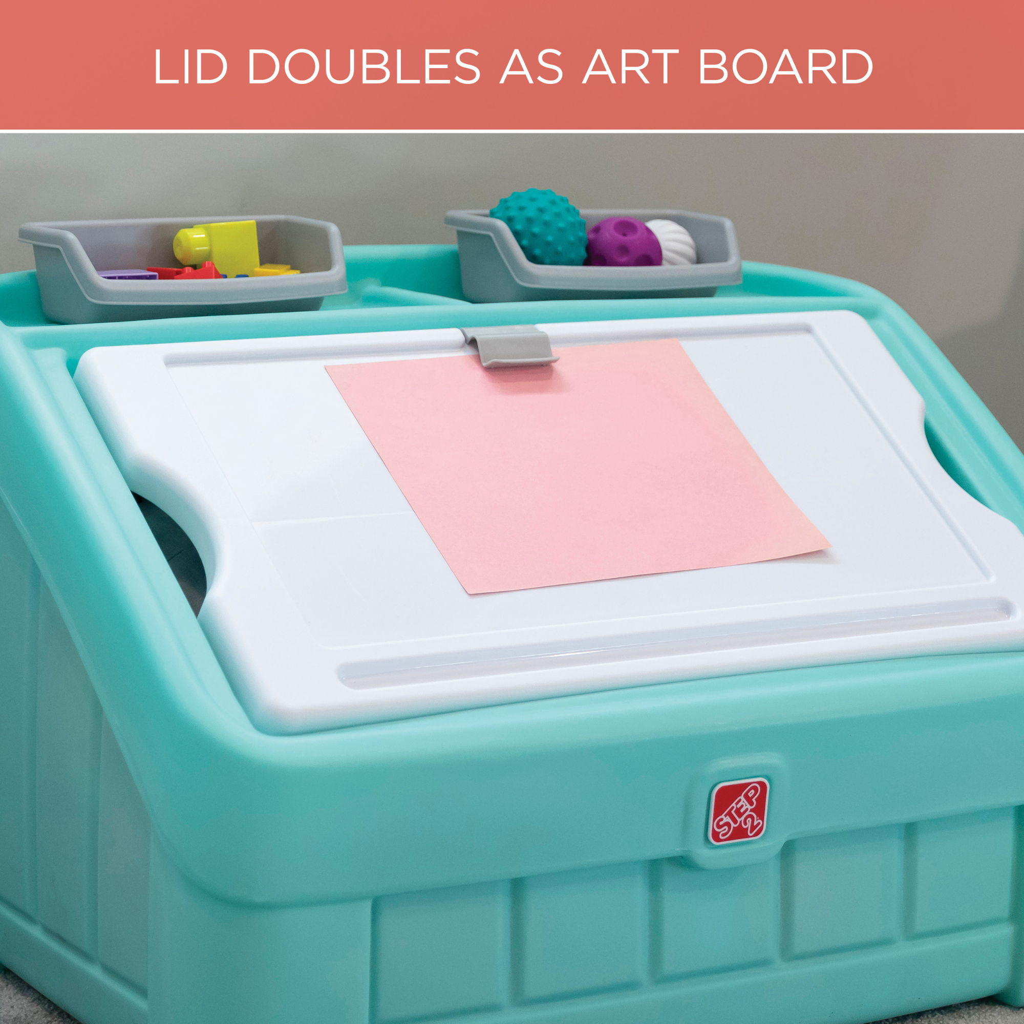Step2 2 in 1 Toy Box and Art Lid, Multi-Functional Indoor Kids Toy Bin with Clip, 4.5 Cubic Feet Storage Compartment Space, Suitable for Children both Boys and Girls Aged 2+
