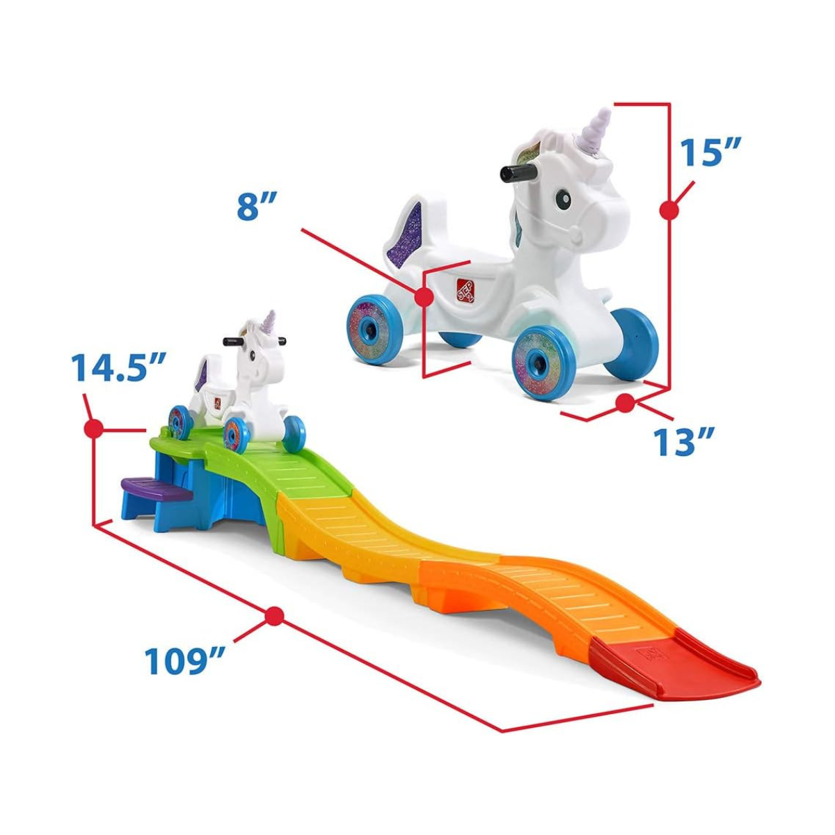 Step2 Unicorn Up & Down Roller Coaster 493700/493799, Kids Ride-On Coaster with Rainbow Track, Light & Sound Unicorn Car, Secure Design, Ages 2–5