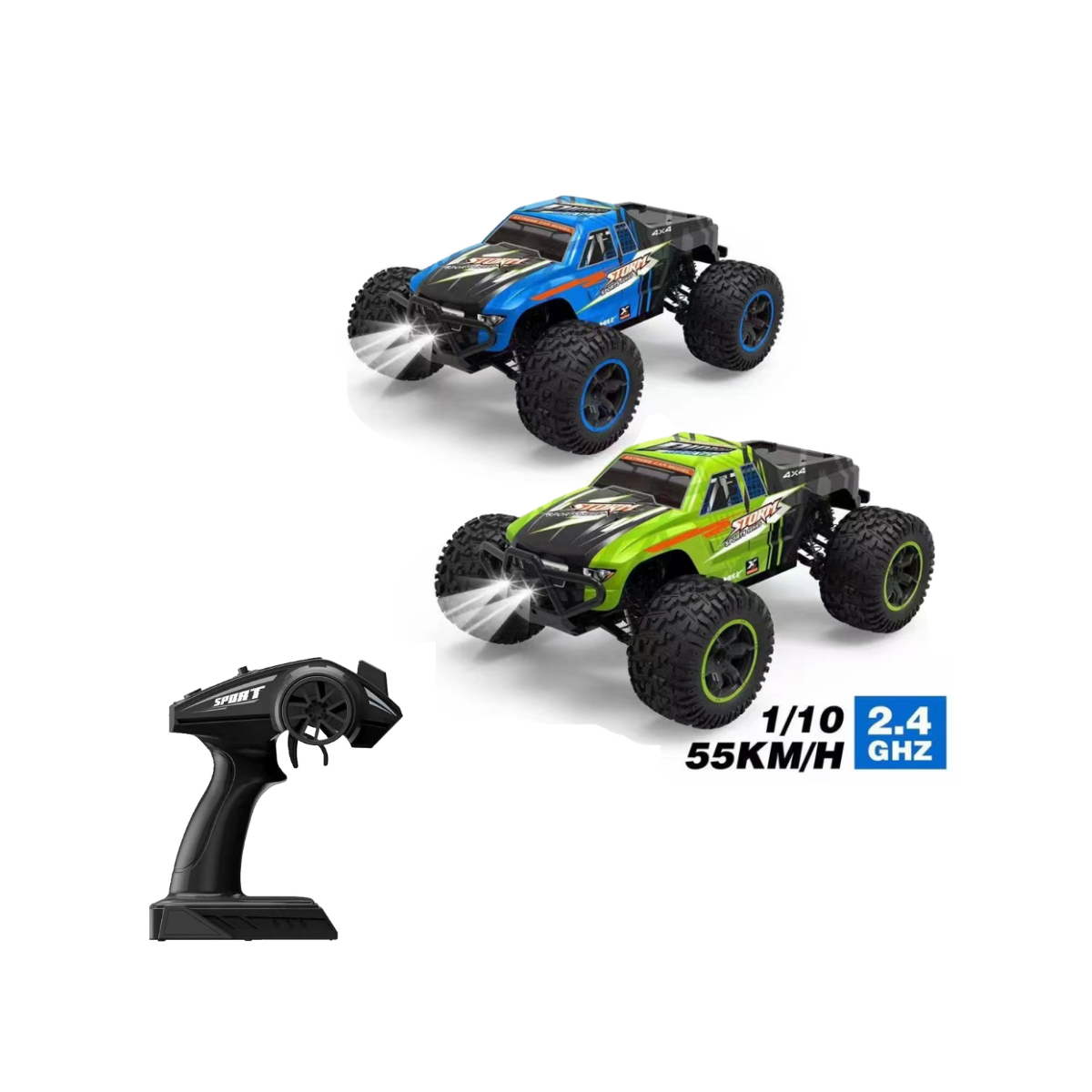 Crazon 2.4GHz RC High Speed Off Road Truck 1:10 Scale 4WD Remote Control Car RTR, 55kmh Fast Racing Monster Truck with LED Lights, Assorted Color, Ages 14+