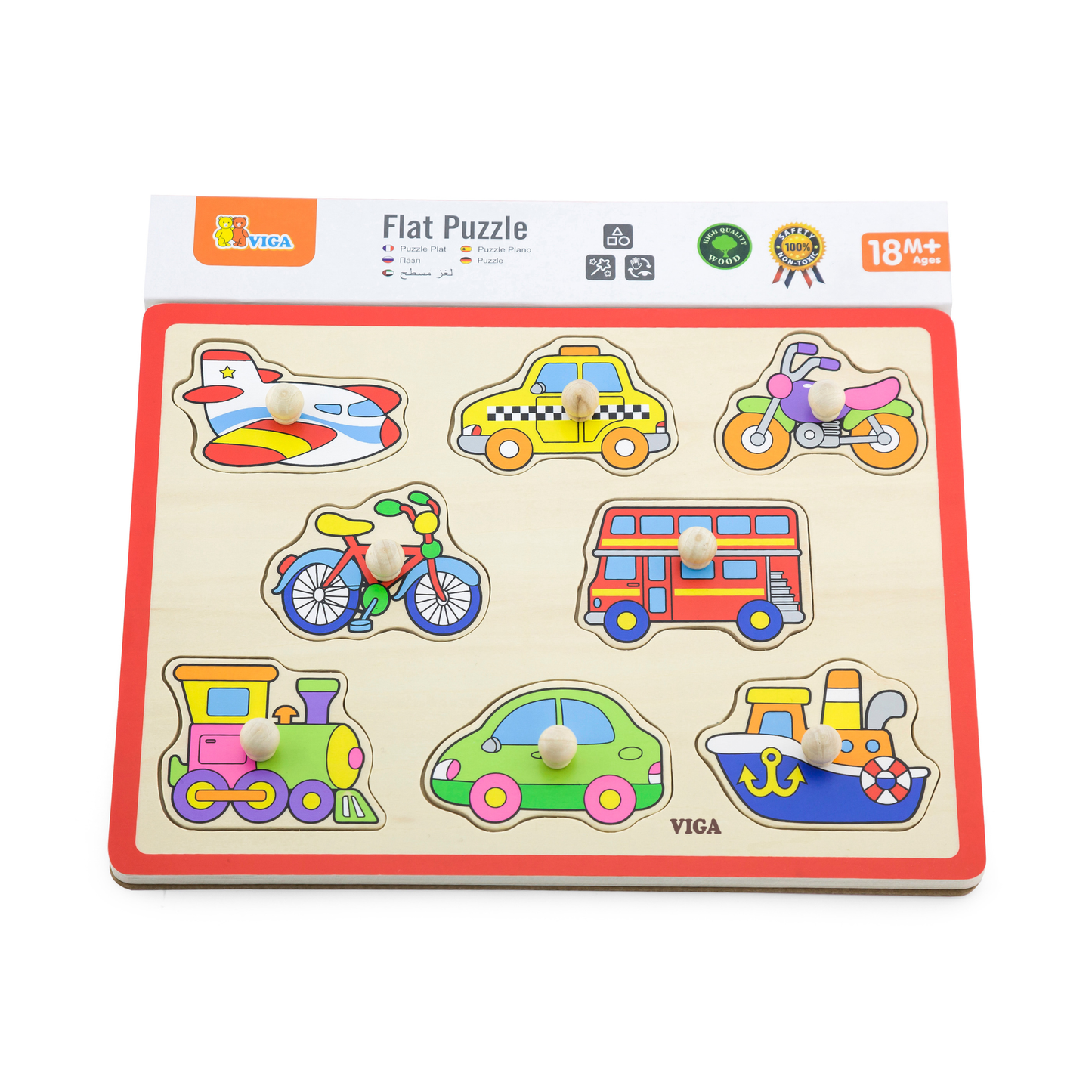 Viga Transports, 8 Piece Knob Puzzle, Montessori Wooden Toy, Develops Sensory, Cognitive & Fine Motor Skills, Non-Toxic & Eco-friendly Kids Educational Toy, Suitable for Boys and Girls Aged 18M+
