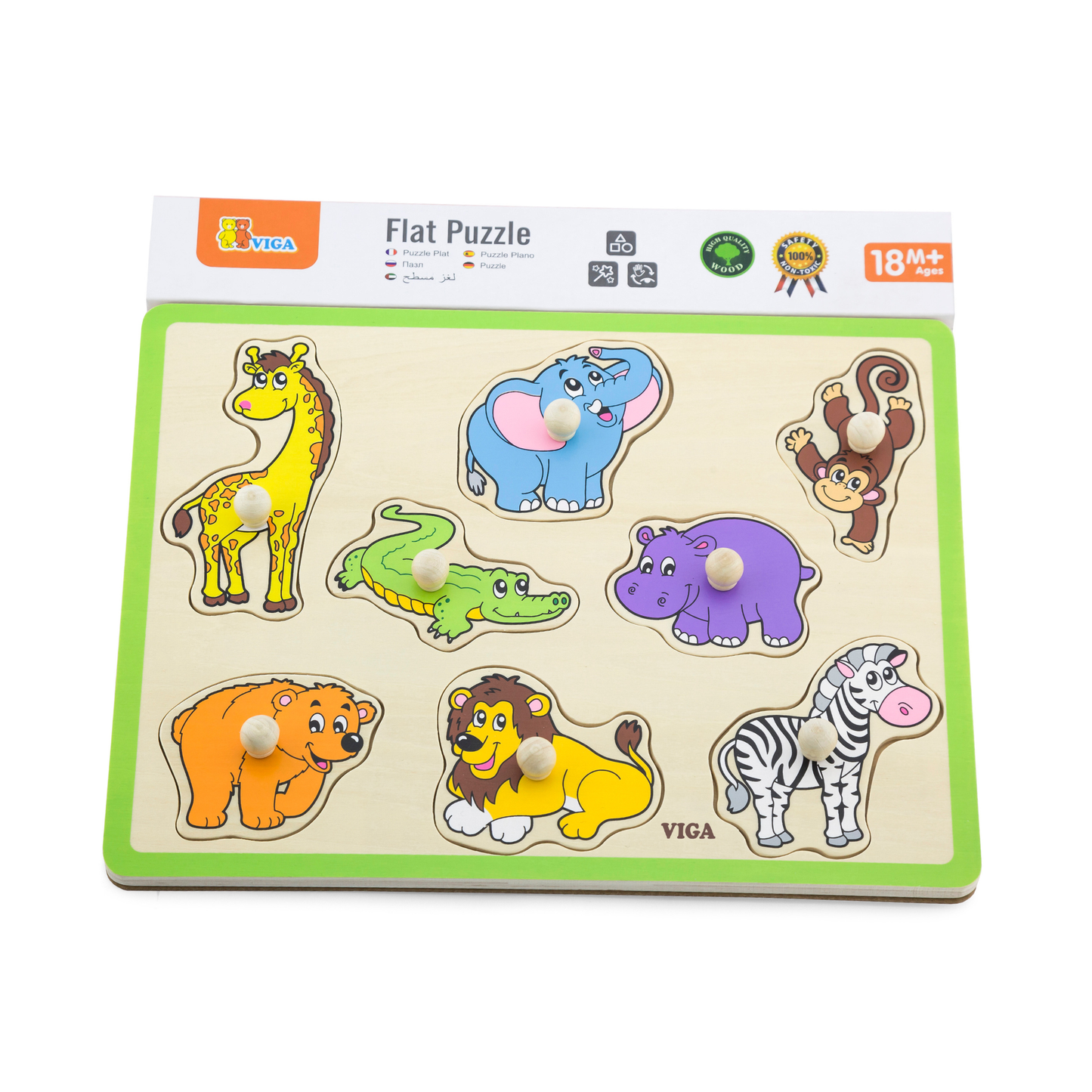 Viga Wild Animals, 8 Piece Knob Puzzle, Montessori Wooden Toy, Develops Sensory, Cognitive & Fine Motor Skills, Non-Toxic & Eco-friendly Kids Educational Toy, Suitable for Boys and Girls Aged 18M+