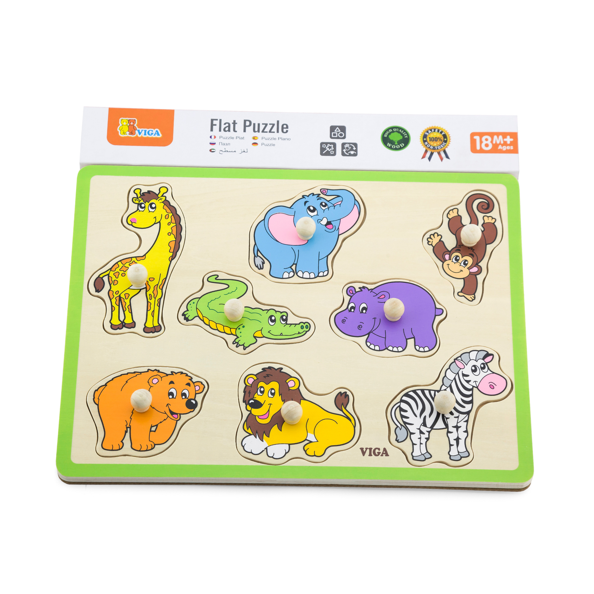Viga Wild Animals, 8 Piece Knob Puzzle, Montessori Wooden Toy, Develops Sensory, Cognitive & Fine Motor Skills, Non-Toxic & Eco-friendly Kids Educational Toy, Suitable for Boys and Girls Aged 18M+