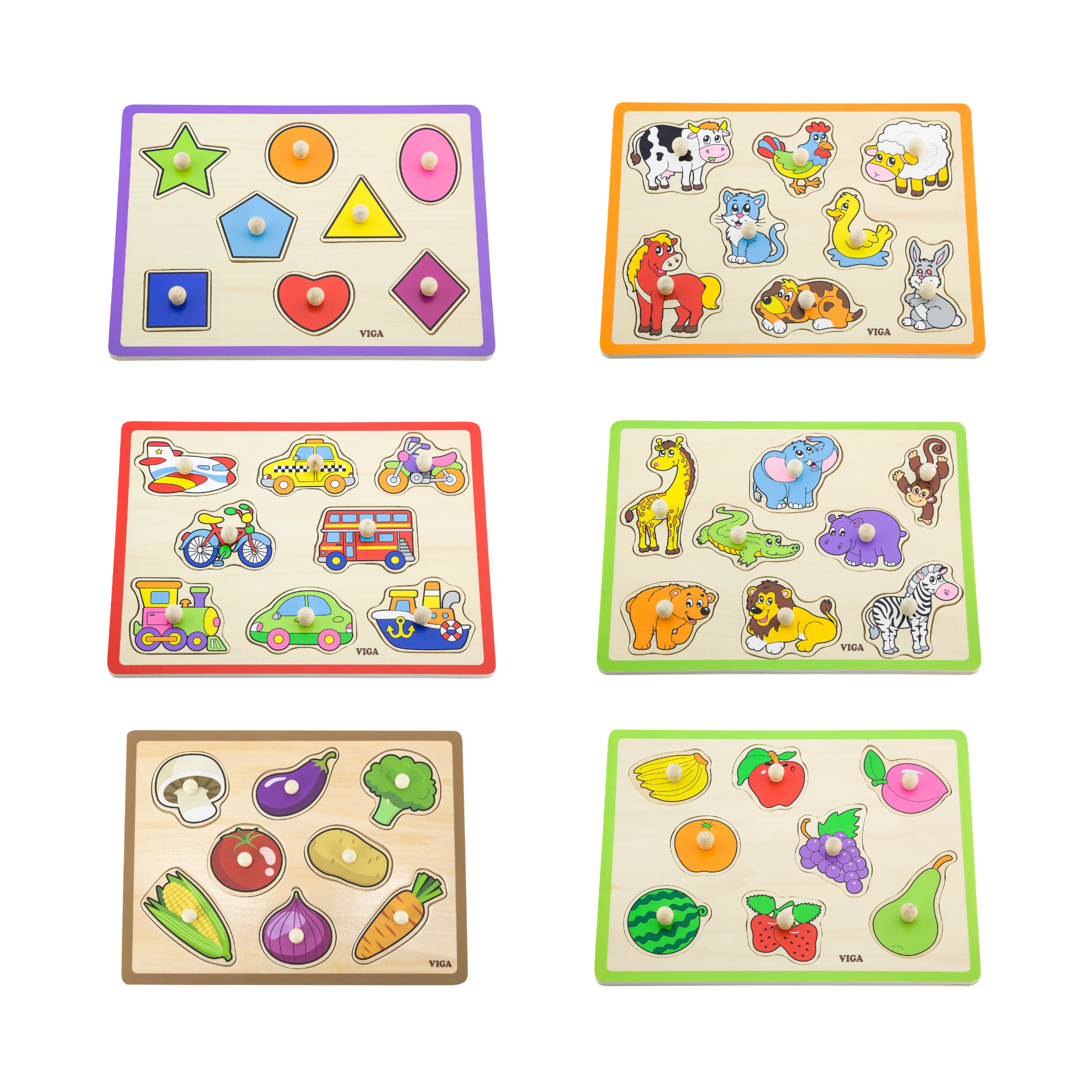 Viga Wild Animals, 8 Piece Knob Puzzle, Montessori Wooden Toy, Develops Sensory, Cognitive & Fine Motor Skills, Non-Toxic & Eco-friendly Kids Educational Toy, Suitable for Boys and Girls Aged 18M+