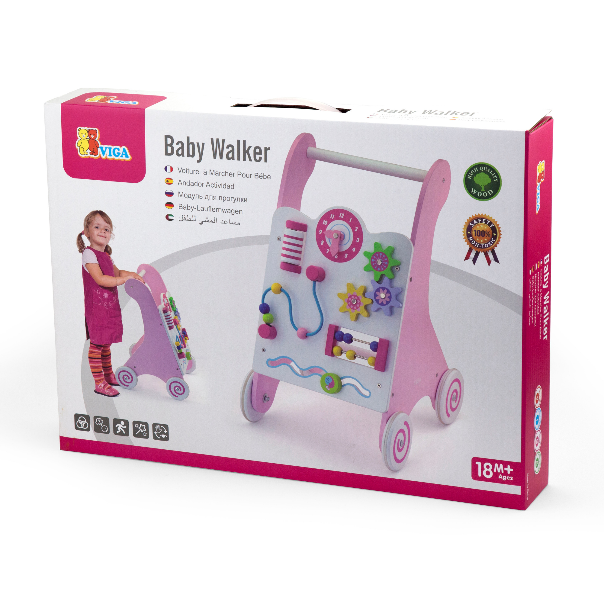 Viga Pink Wooden Activity Baby Walker, Montessori Toddler Walker with Clock, Bead Maze & Gears, Supports Walking & Motor Skills, Eco-Friendly & Non-Toxic Educational Toy, for Ages 18M+