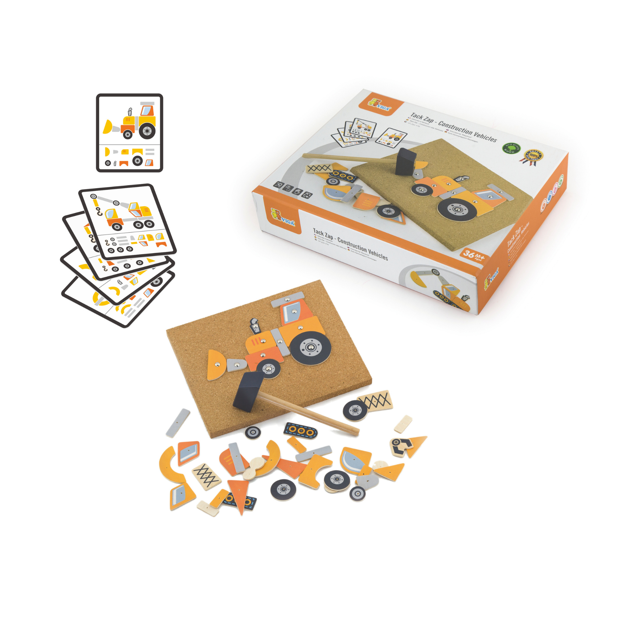 Viga Tack Zap Construction Vehicles Set, Montessori Wooden Hammer Toy with 45 Pieces & Design Cards, Builds Motor Skills & Logic, Eco-Friendly & Non-Toxic, for Boys & Girls Ages 3+