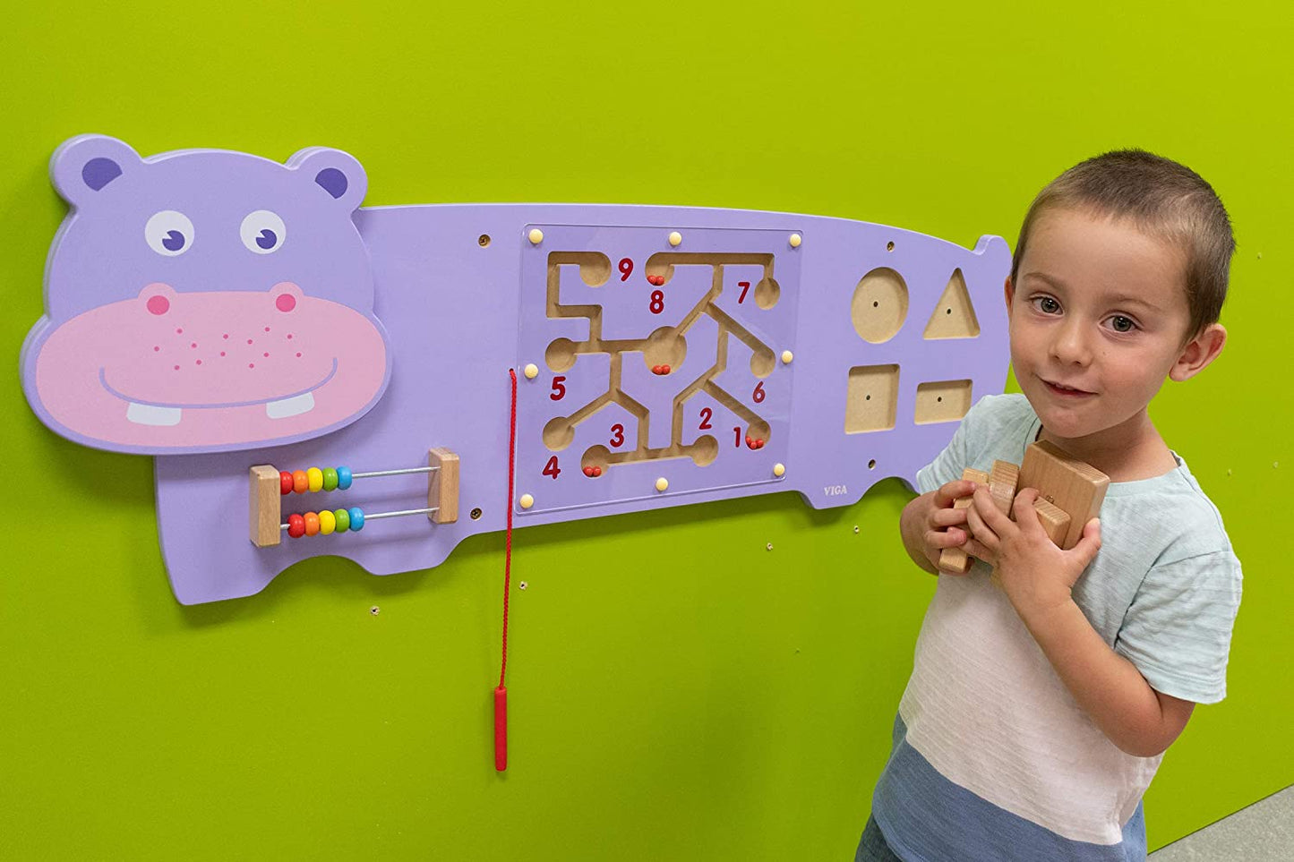 VIGA Montessori Hippo Wall Toy – Multifunctional Sensory Activity Panel for Toddlers – Durable Wooden Educational Toy for Hand-Eye Coordination and Brain Development – Ages 18 Months+