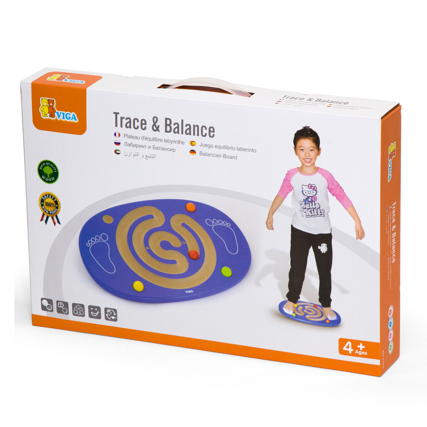 Viga Wooden Trace & Balance, Montessori Balance Board with 4 Wooden Balls, Motor Skills & Coordination Development Toy, Eco-Friendly Activity for Kids, Non-Toxic Educational Toy for Ages 4+