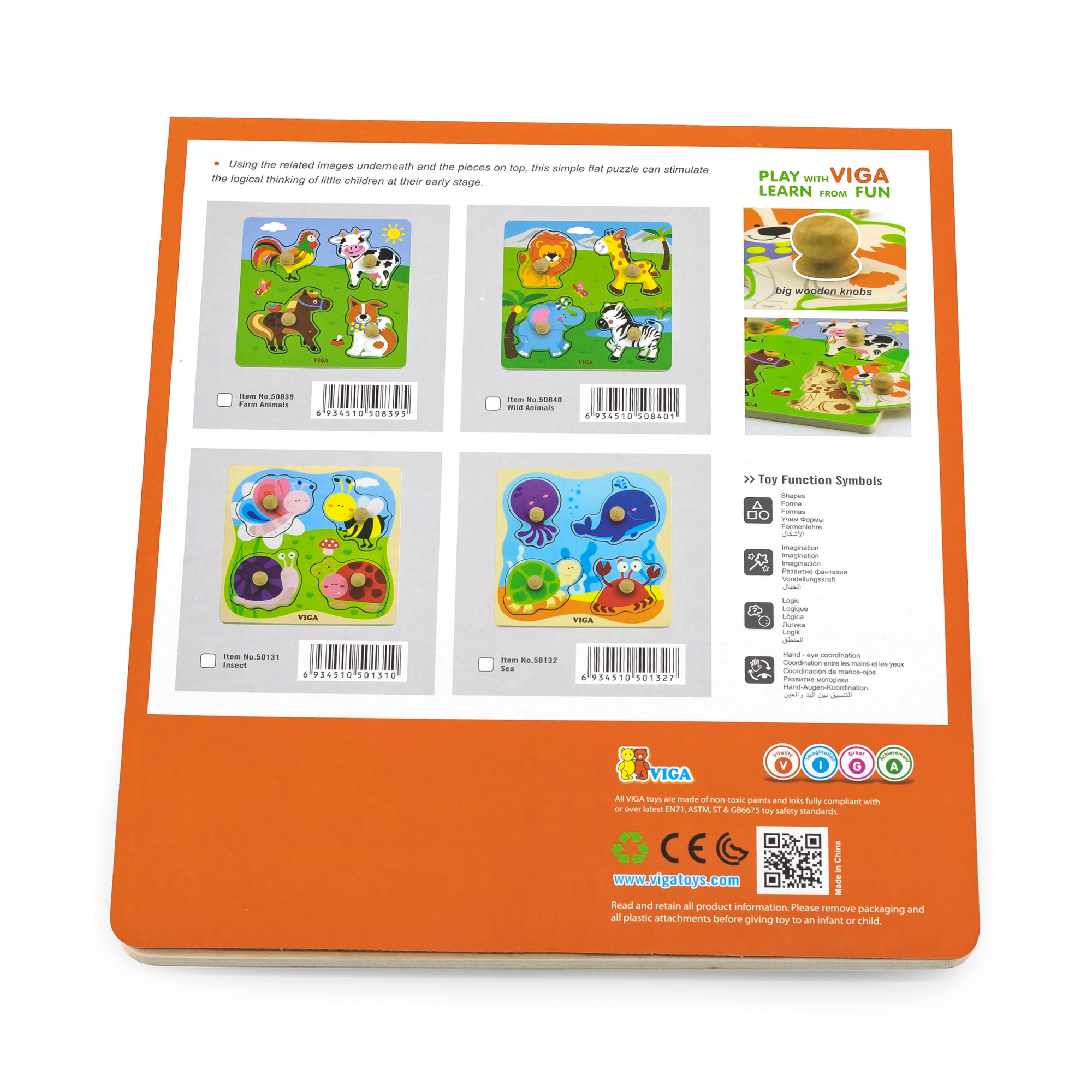 Viga Farm Animals, 4 Piece Knob Puzzle, Montessori Wooden Toy, Develops Sensory, Cognitive & Fine Motor Skills, Non-Toxic & Eco-friendly Kids Educational Toy, Suitable for Boys and Girls Aged 12M+