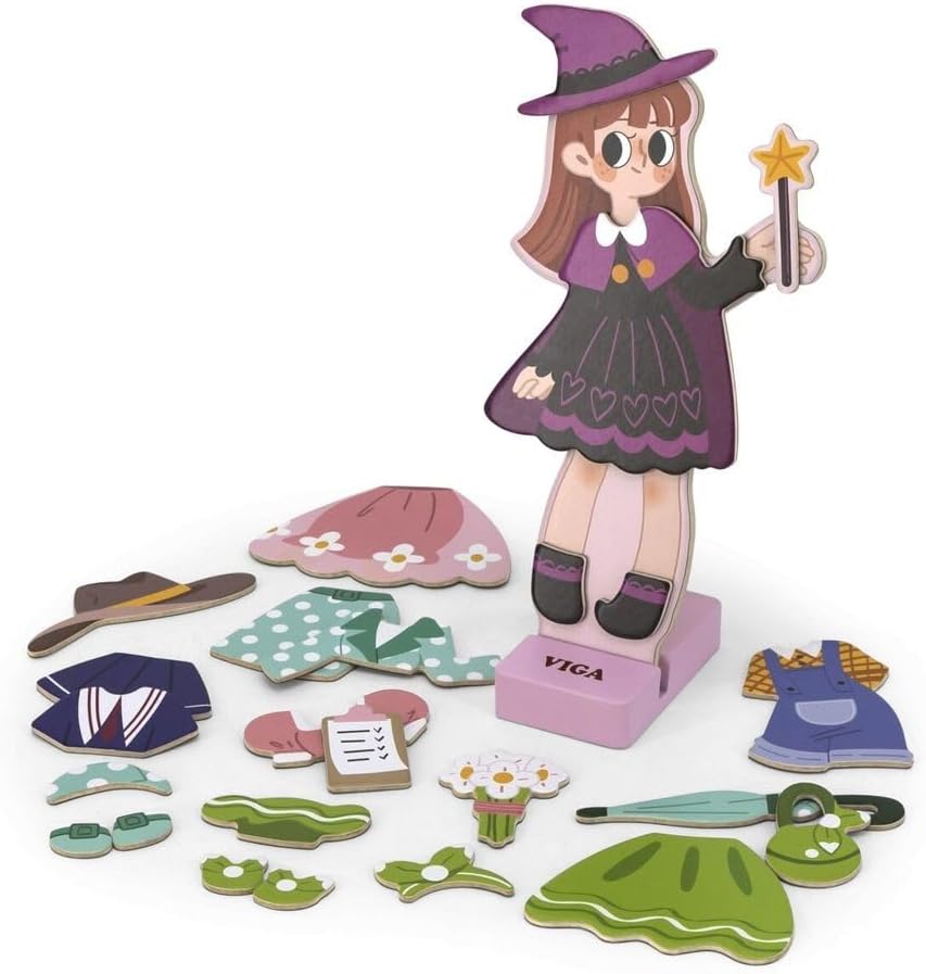 Viga Magnetic Dress Up – Girl, Wooden Magnetic Doll with 44 Dress-Up Pieces, Hand-Eye Coordination Toy, Ages 3+