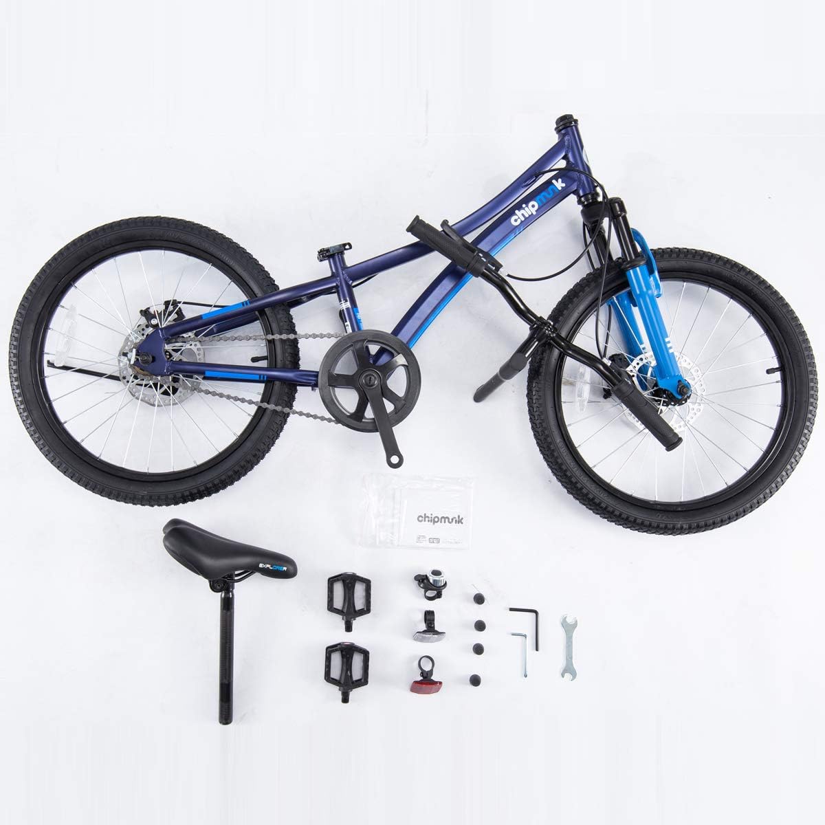 Chipmunk Explorer 20 Inch Bicycle with Lightweight Aluminium Frame, Adjustable Seat and Handle, Front + Rear Brakes, 95% Pre-Assembled Kid's Bikes with Kickstand for Children 8-12 Years Old, Blue