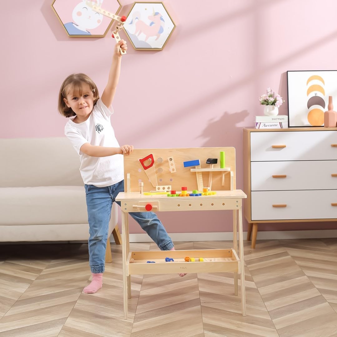 Viga Wooden Work Desk Stand and Tool Bench with Hammer, Screwdriver, Wrench and Accessories for Kids 3+ Educational Role-Play Toy