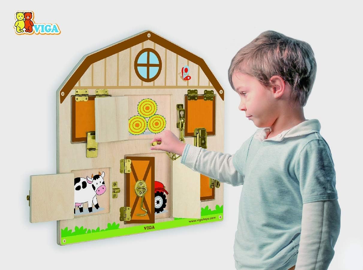 Viga Locking & Unlocking Wall Toy, Montessori Wooden Sensory Board, Fine Motor Skills & Problem-Solving, Eco-Friendly & Non-Toxic, Durable Wall-Mounted Activity for Toddlers 18M+