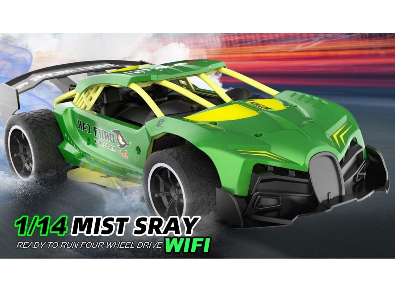 Crazon 1:14 Scale High-Speed Green Drift RC Car with Smoke Effects, Sound, 4-Direction Remote Control, Rechargeable Battery, for Kids 3+