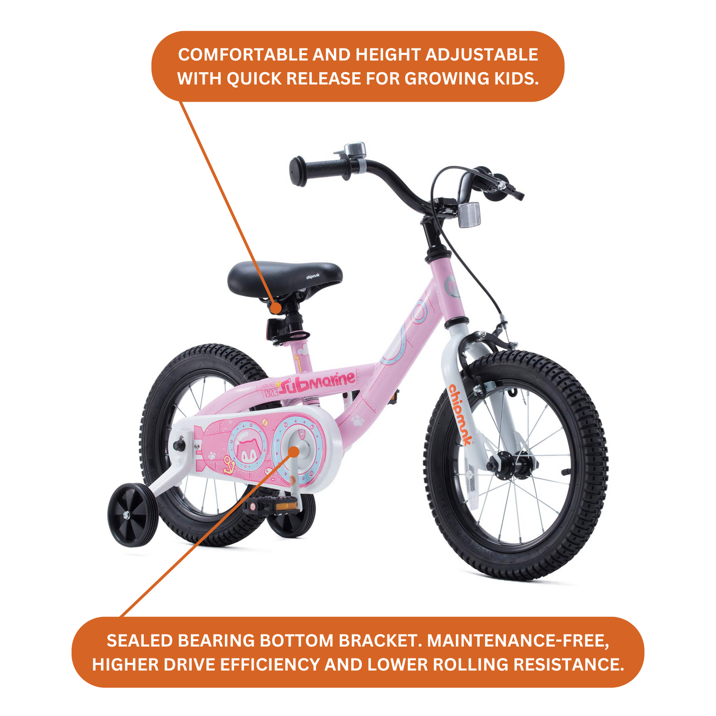 Chipmunk Submarine 18 Inch Bicycle with Lightweight Steel Frame, Adjustable Seat and Handle, Front + Rear Brakes, 95% Pre-Assembled Kid's Bikes with Training Wheels for Children 6-9 Years Old, Pink