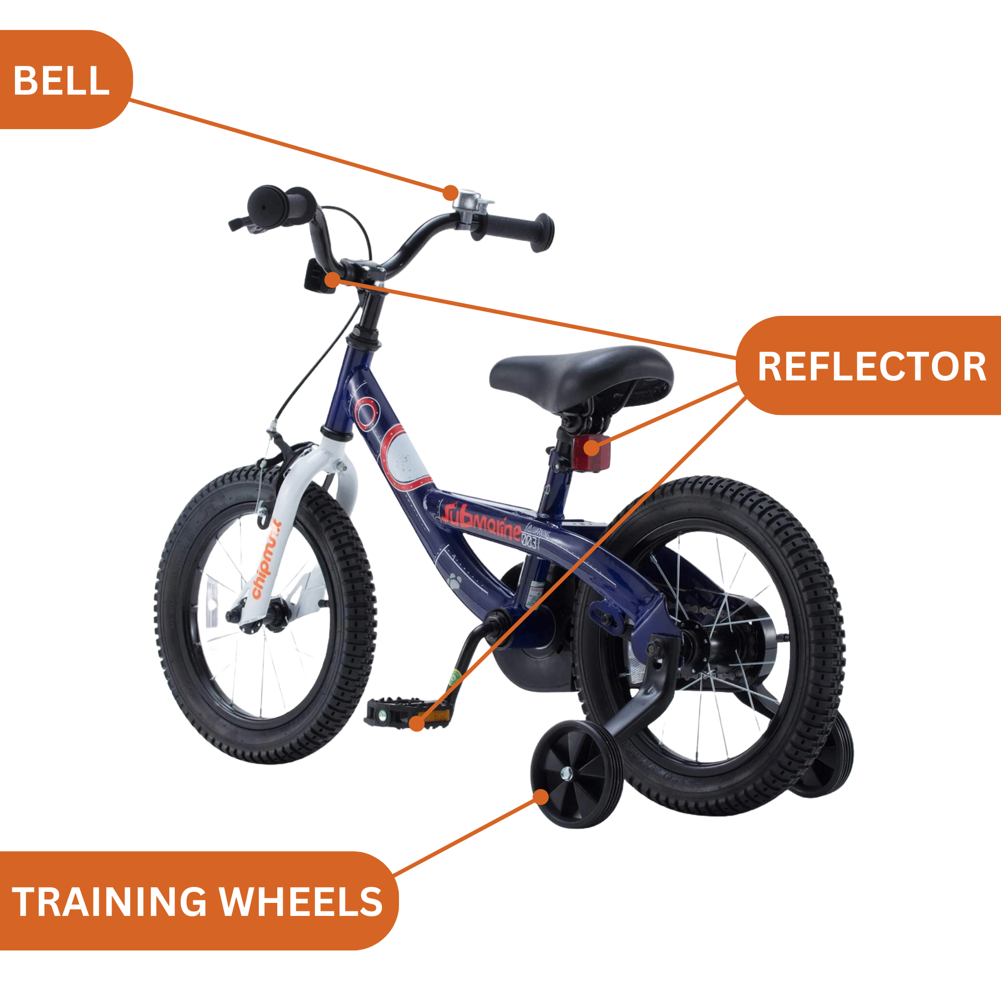Chipmunk Submarine 14 Inch Bicycle with Lightweight Steel Frame, Adjustable Seat and Handle, Front + Rear Brakes, 95% Pre-Assembled Kid's Bikes with Training Wheels for Children 3-6 Years Old, Navy
