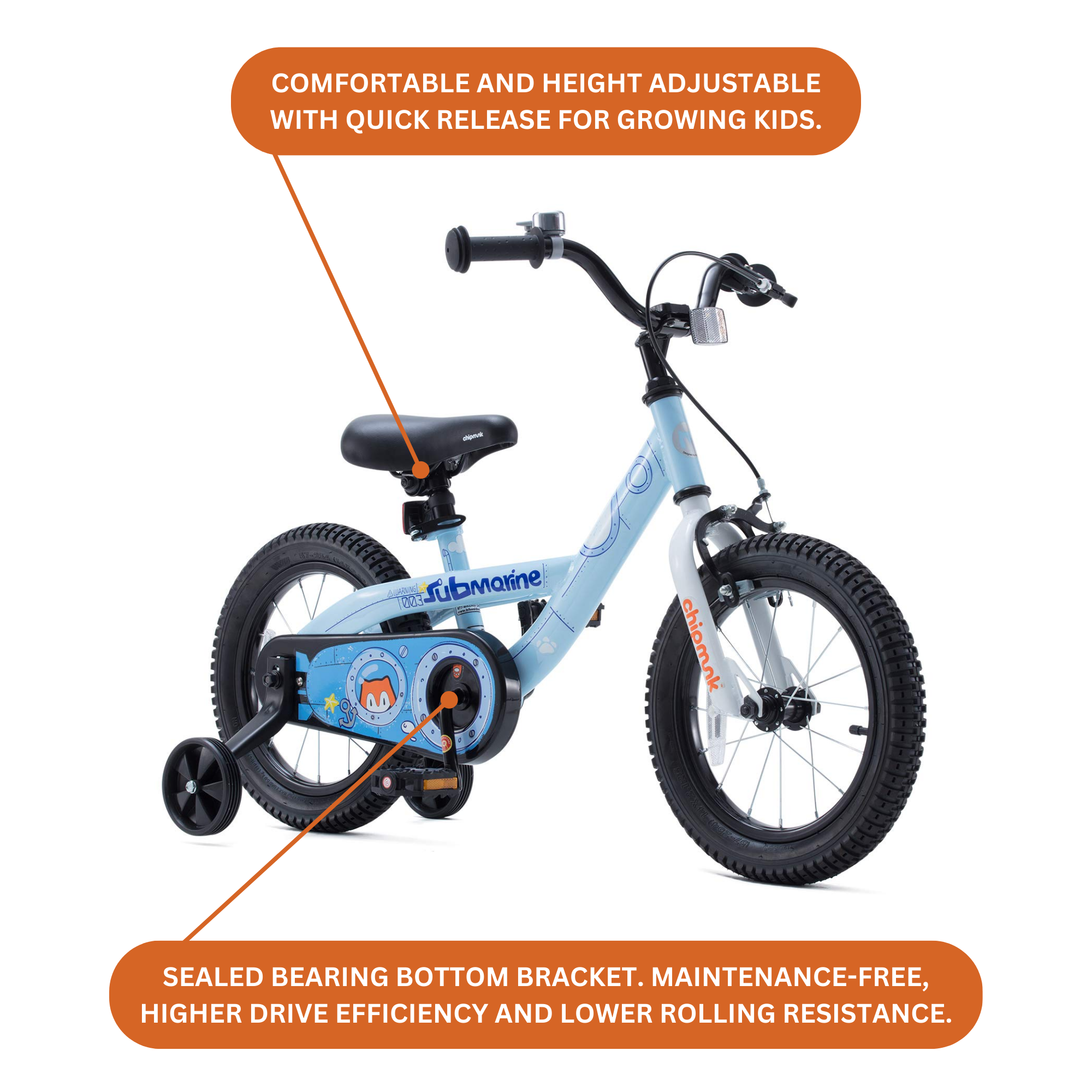 Chipmunk Submarine 16 Inch Bicycle with Lightweight Steel Frame, Adjustable Seat and Handle, Front + Rear Brakes, 95% Pre-Assembled Kid's Bikes with Training Wheels for Children 4-7 Years Old, Blue